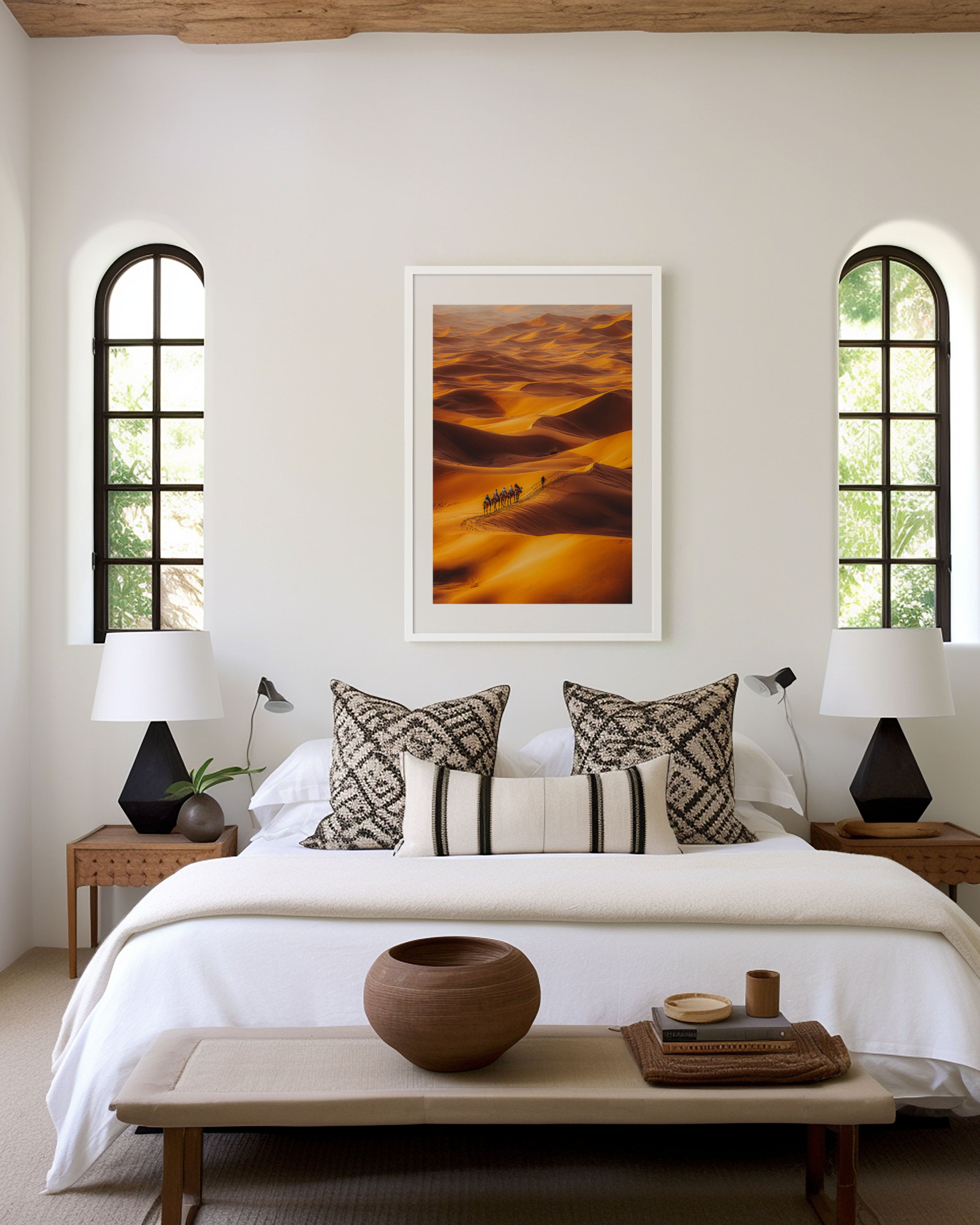Sahara Desert Print | Camel Caravan Crossing Golden Dunes | Morocco Travel Wall Art | Desert Landscape Photography Poster