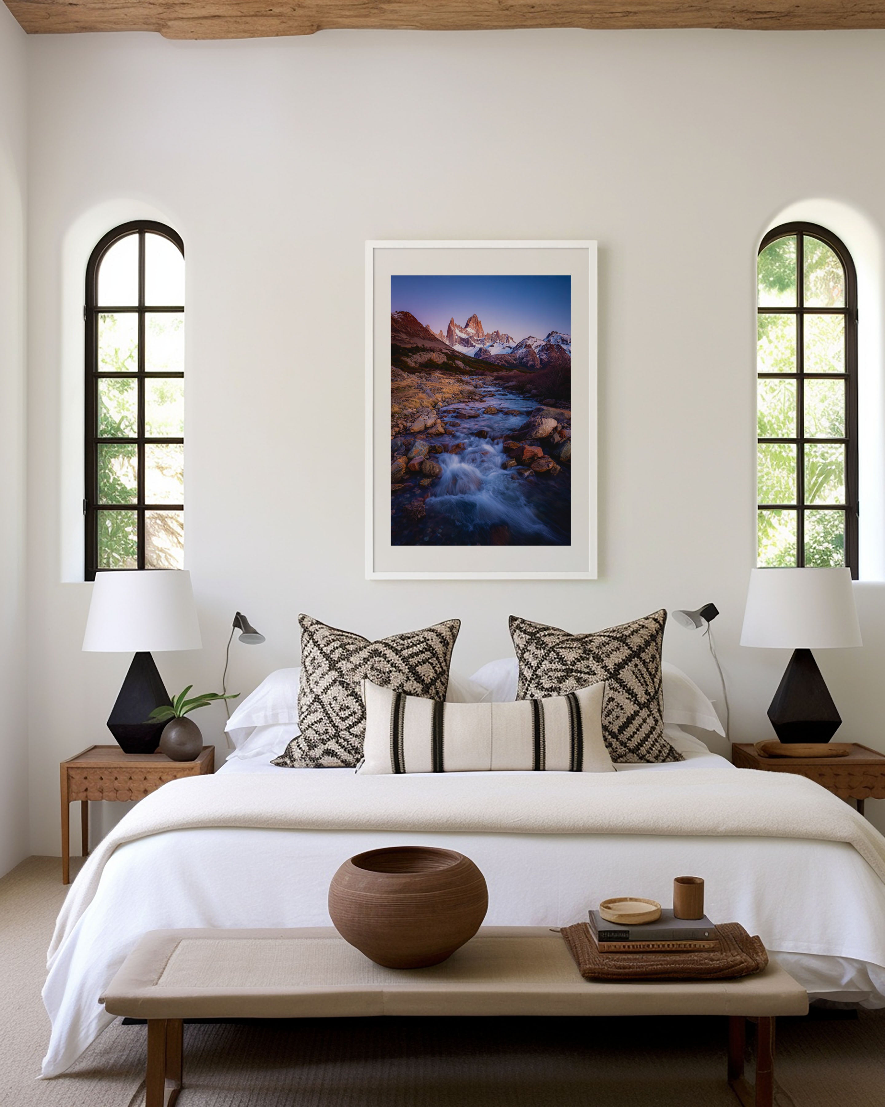 Mount Fitz Roy Glacial River Twilight Print | Patagonia Blue Hour Wall Art | El Chaltén Rocky Stream Landscape Photography Poster