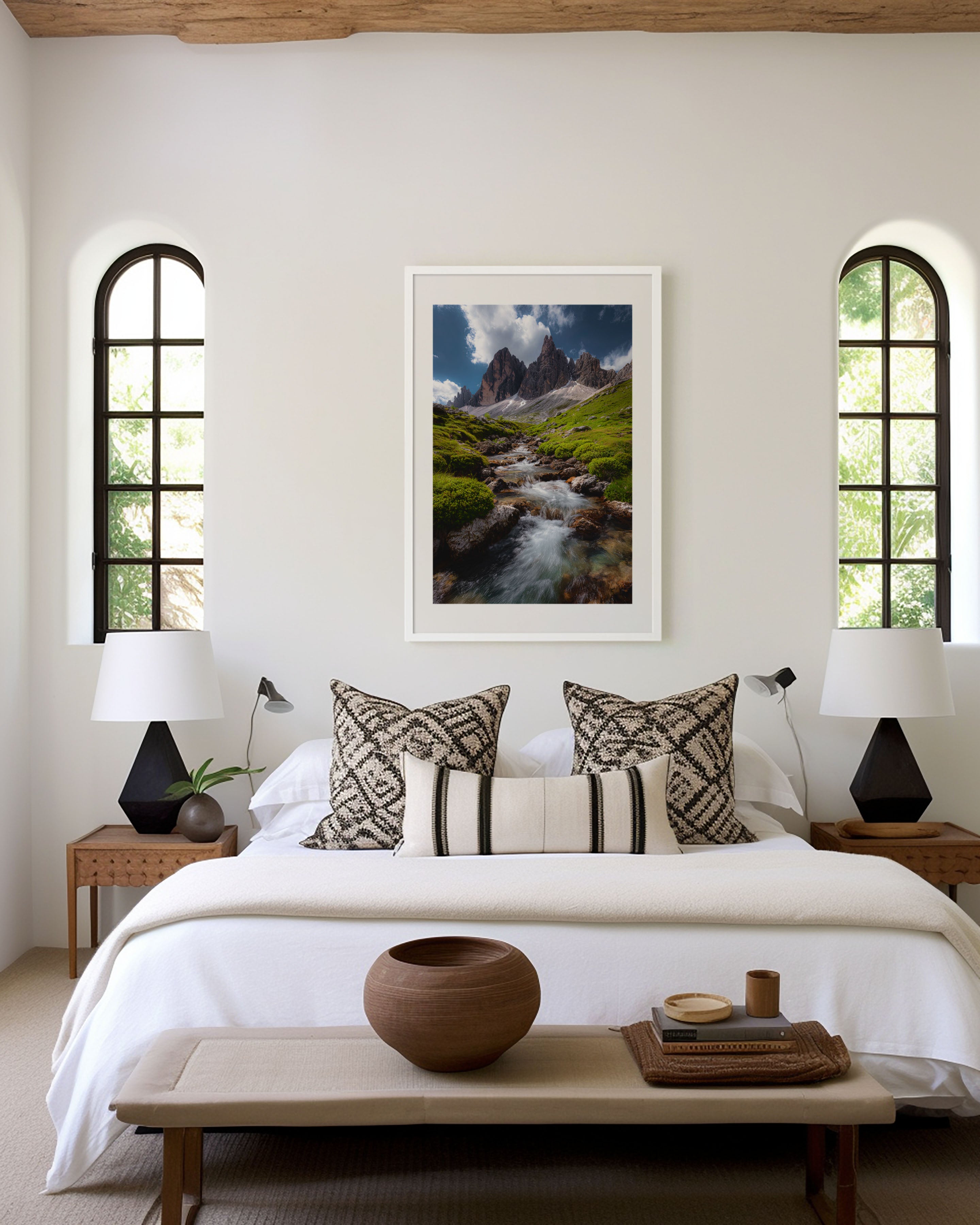 Dolomites Alpine Stream Summer Wall Art Print | Cadini di Misurina Italy Photography | Flowing Mountain Creek Green Meadow Poster