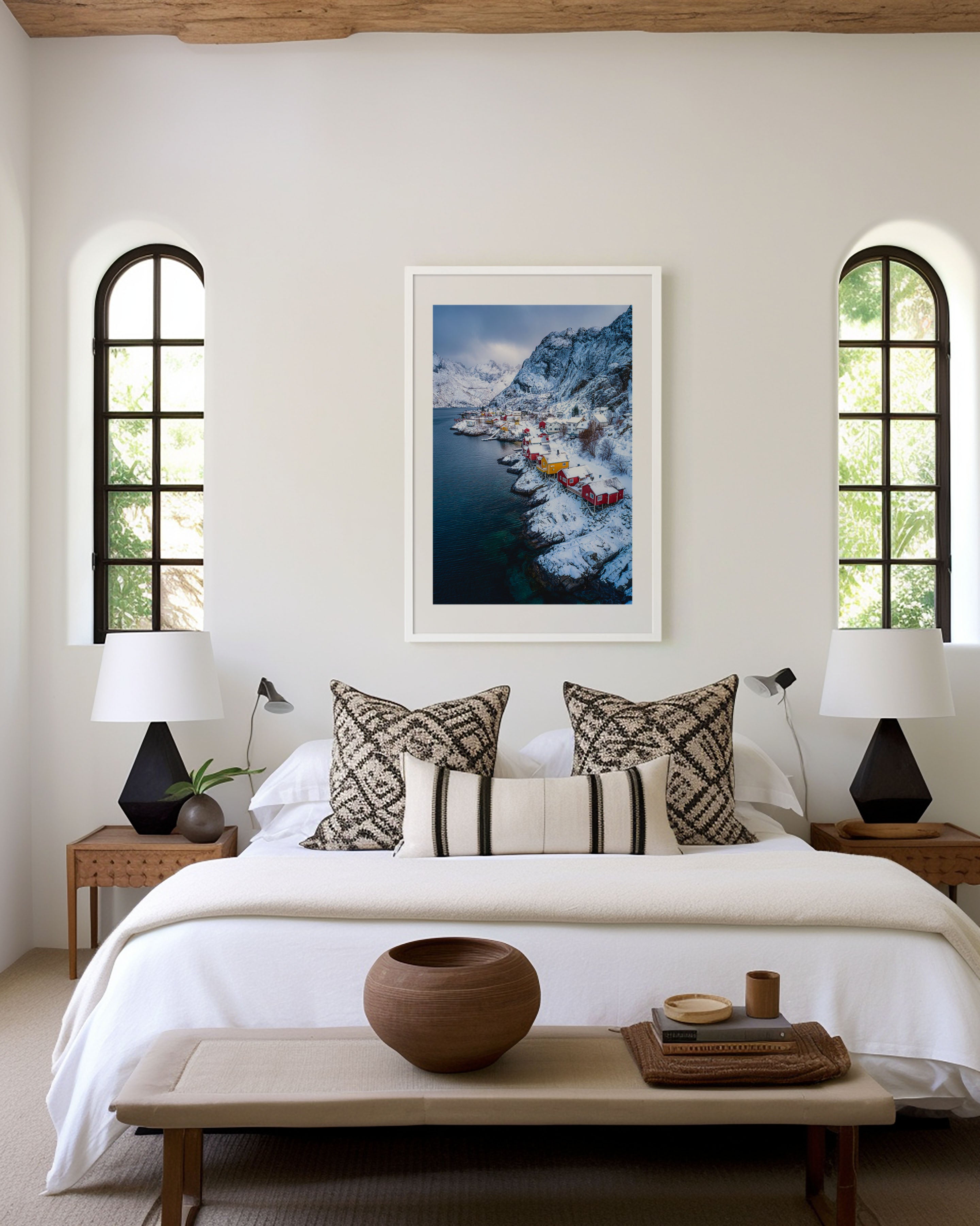 Nusfjord Lofoten Winter Aerial Wall Art Print | Norway Colourful Fishing Village Photography | Red Yellow Rorbuer Arctic Poster