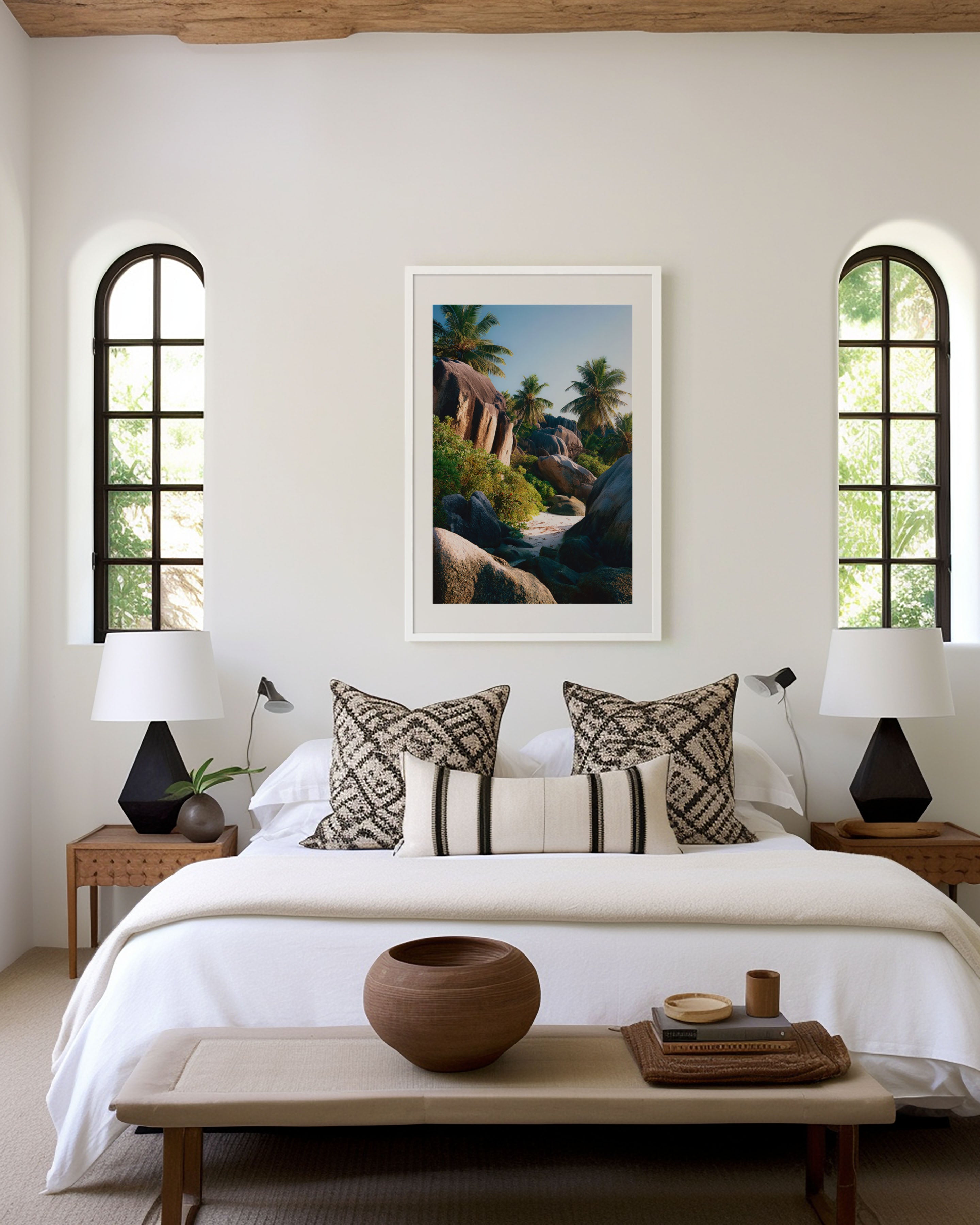 Seychelles Granite Boulders Wall Art Print | La Digue Anse Source d'Argent Beach Palm Tree Photography | Indian Ocean Travel Poster | Tropical Coastal Home Decor
