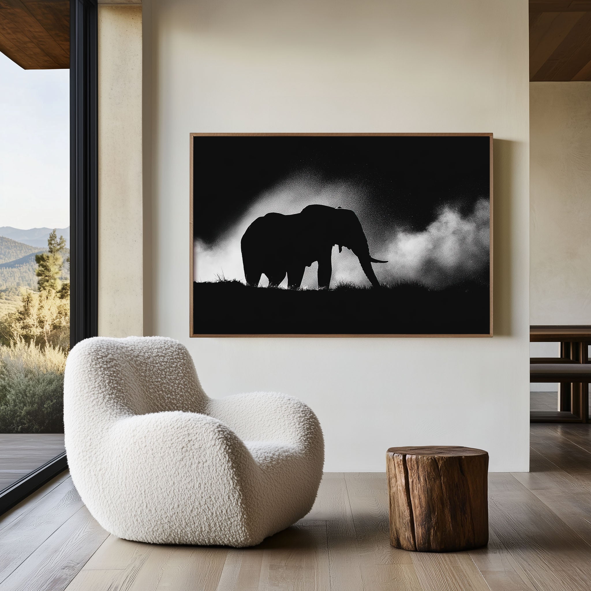 African Elephant Silhouette Print | Black and White Wildlife Wall Art | Safari Dust Photography