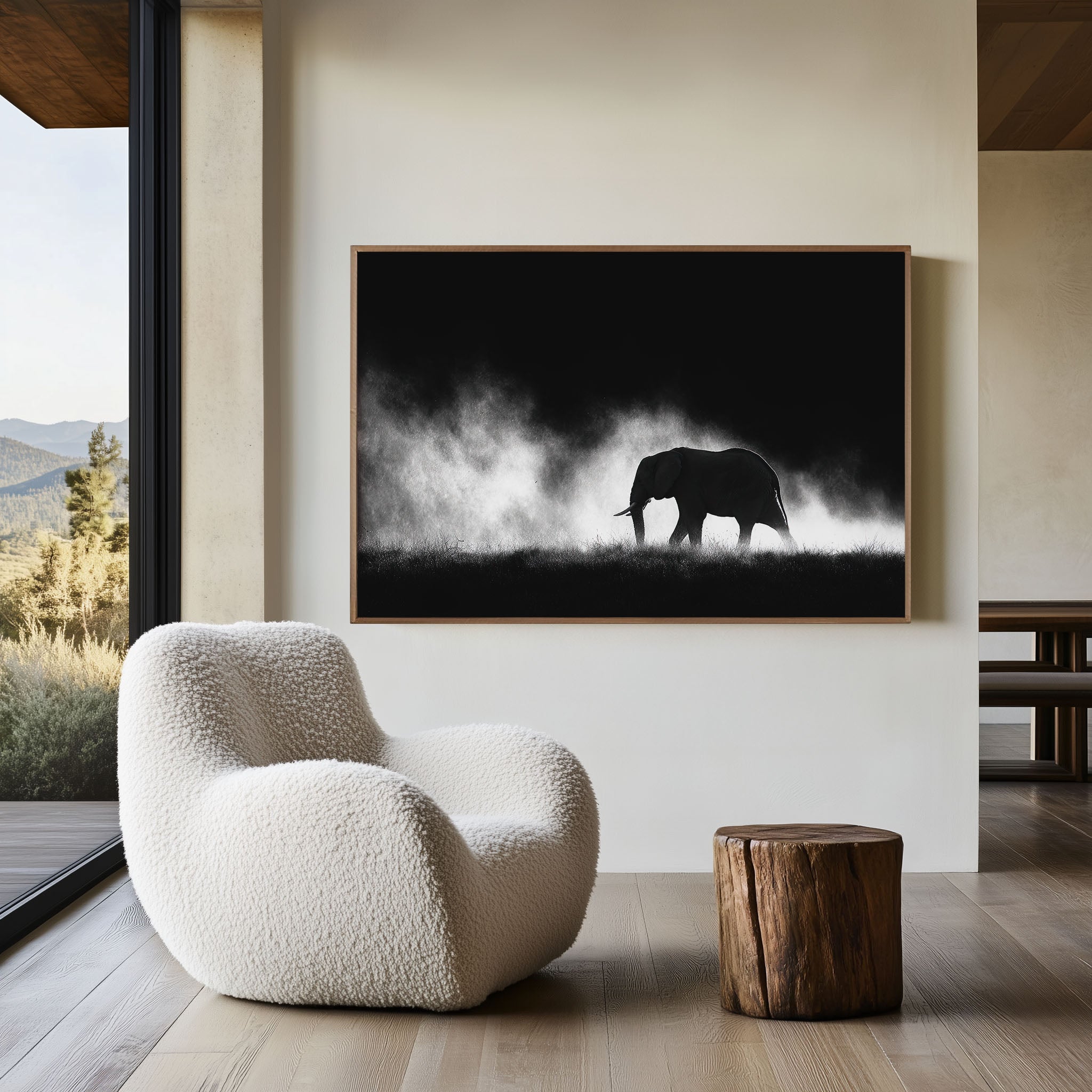 African Elephant Walking in Dust Print | Black and White Safari Wall Art | Wildlife Photography