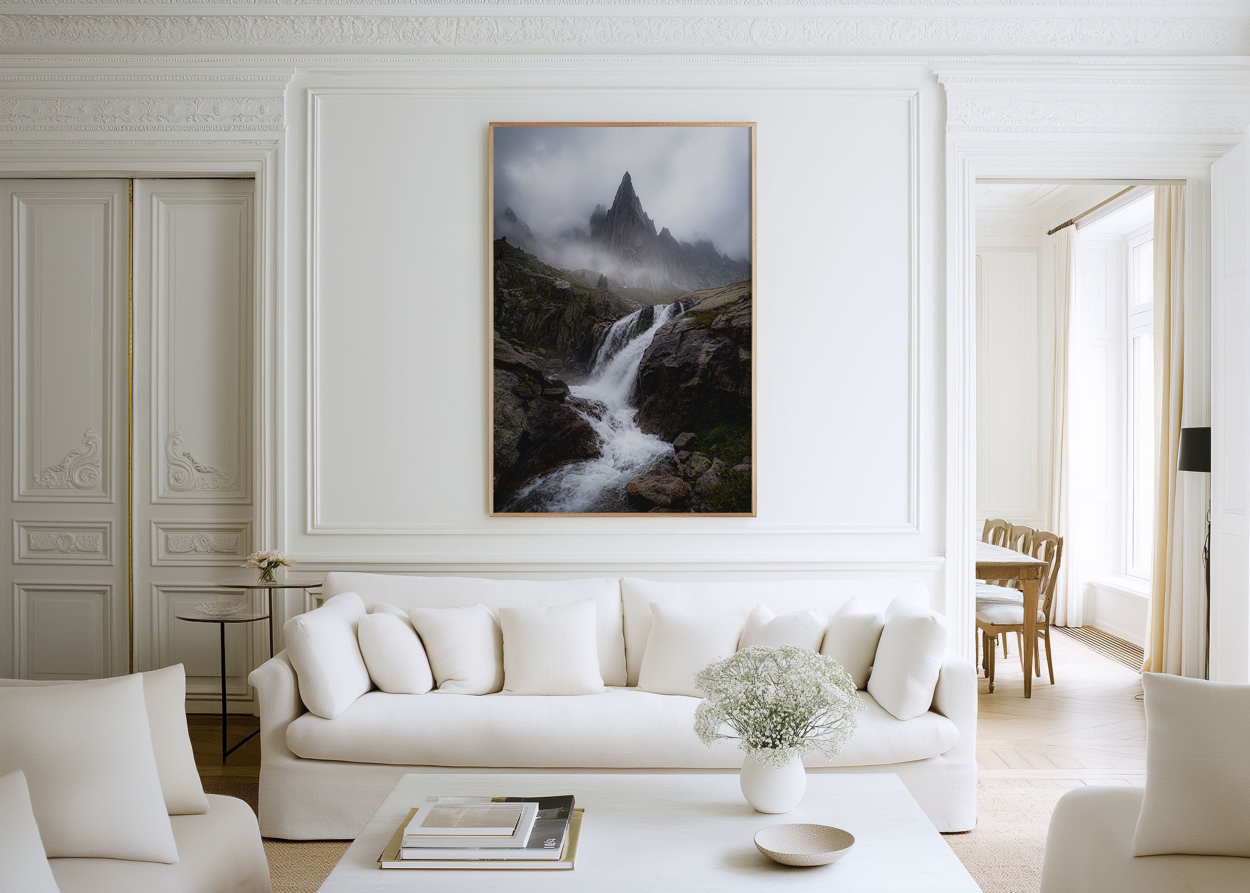 Aiguille de l'M Chamonix Waterfall Print | French Alps Moody Mountain Wall Art | Mont Blanc Massif Misty Peak Landscape Photography Poster