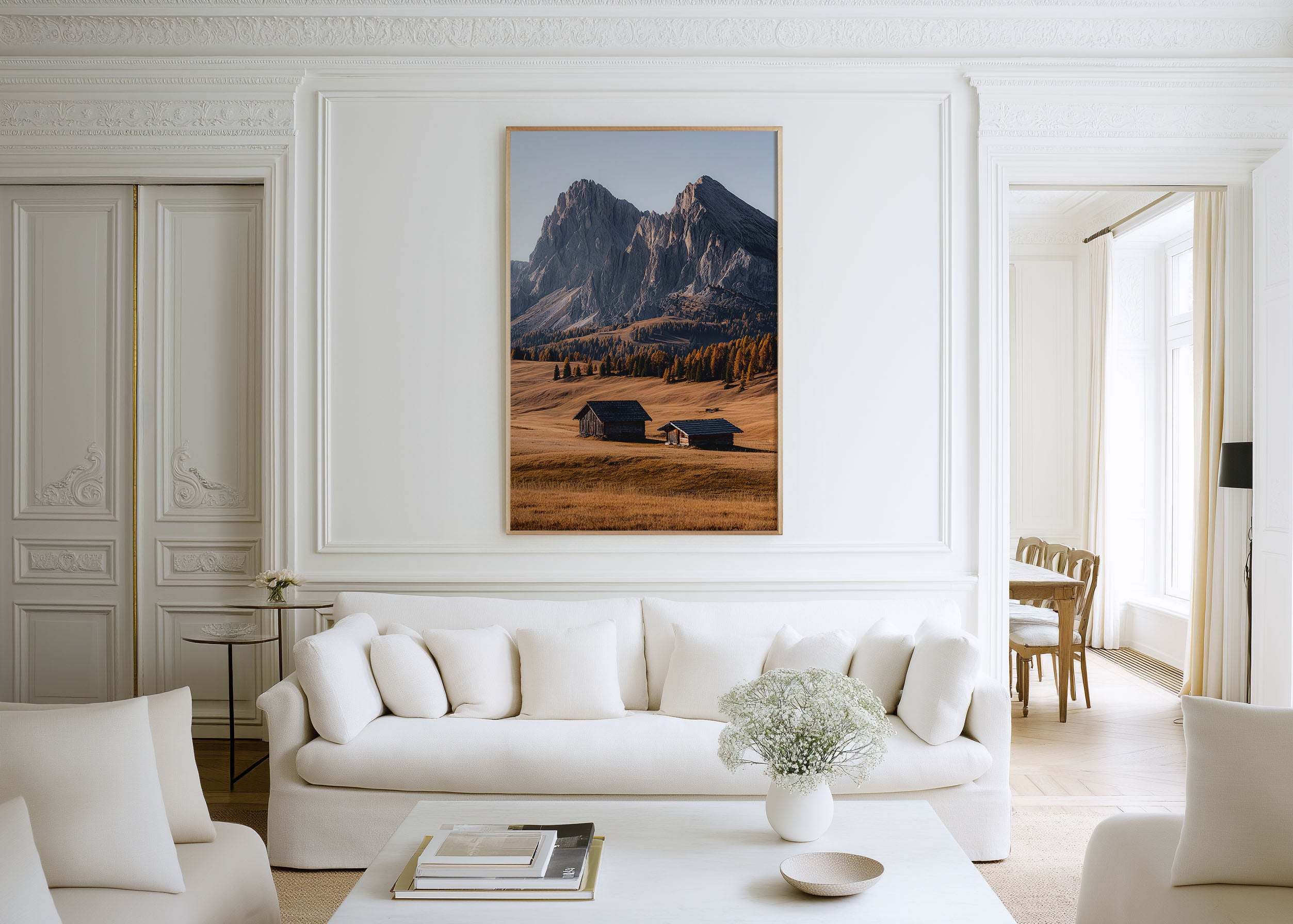 Alpe di Siusi Autumn Huts Print | Dolomites Golden Meadow Wall Art | South Tyrol Mountain Photography