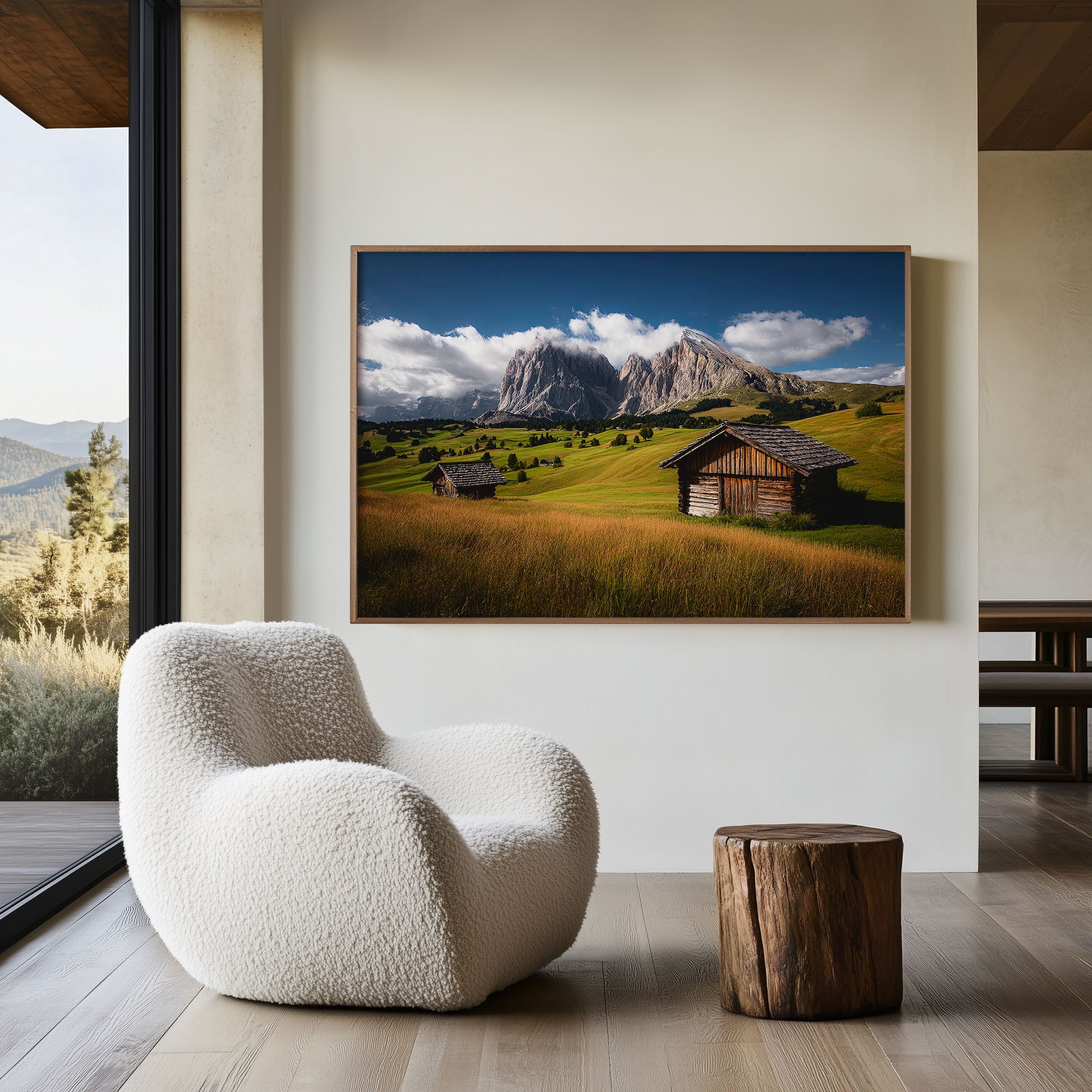 Alpe di Siusi Wooden Cabins Wall Art Print – Dolomites Alpine Meadow