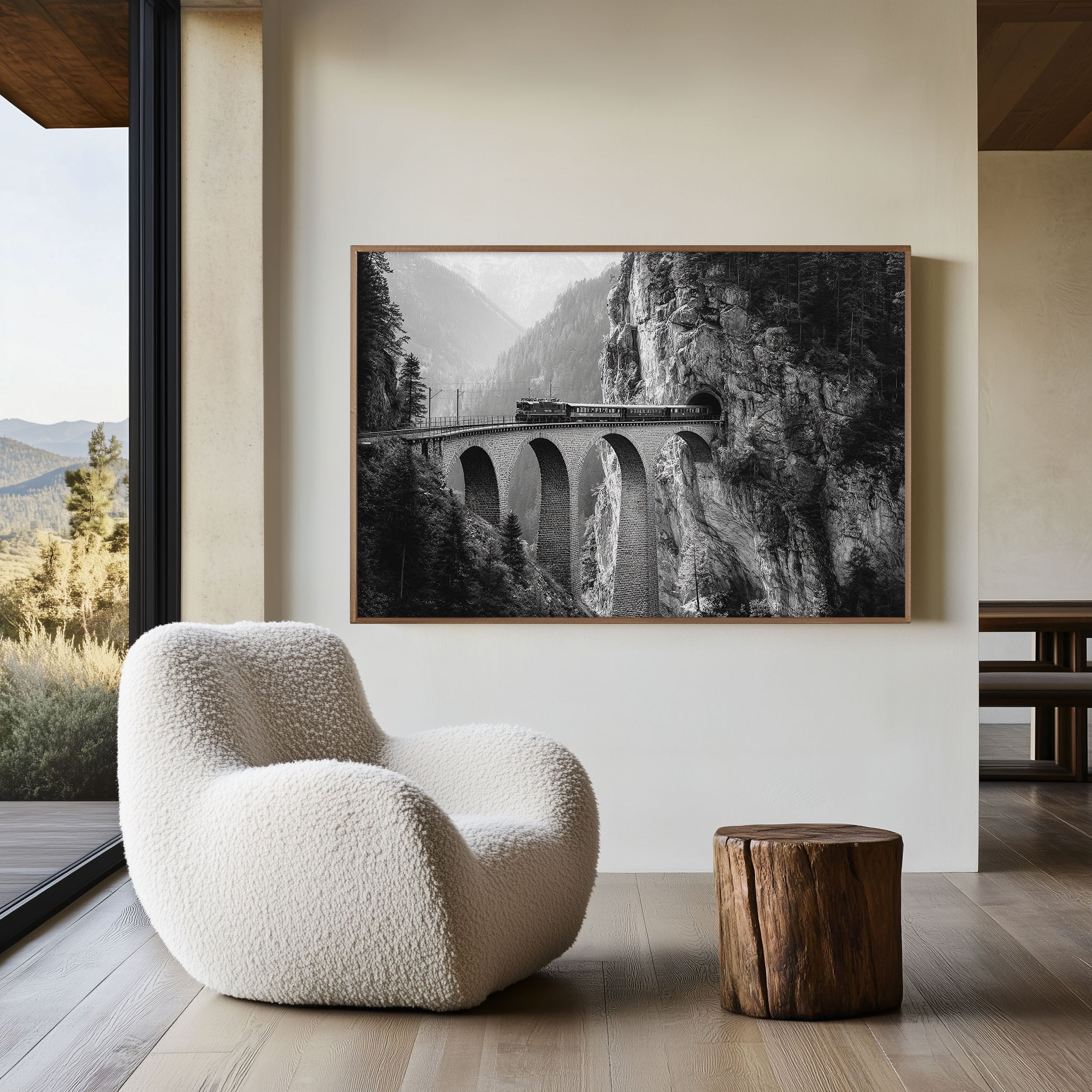 Alpine Train Viaduct Black and White Canvas Print