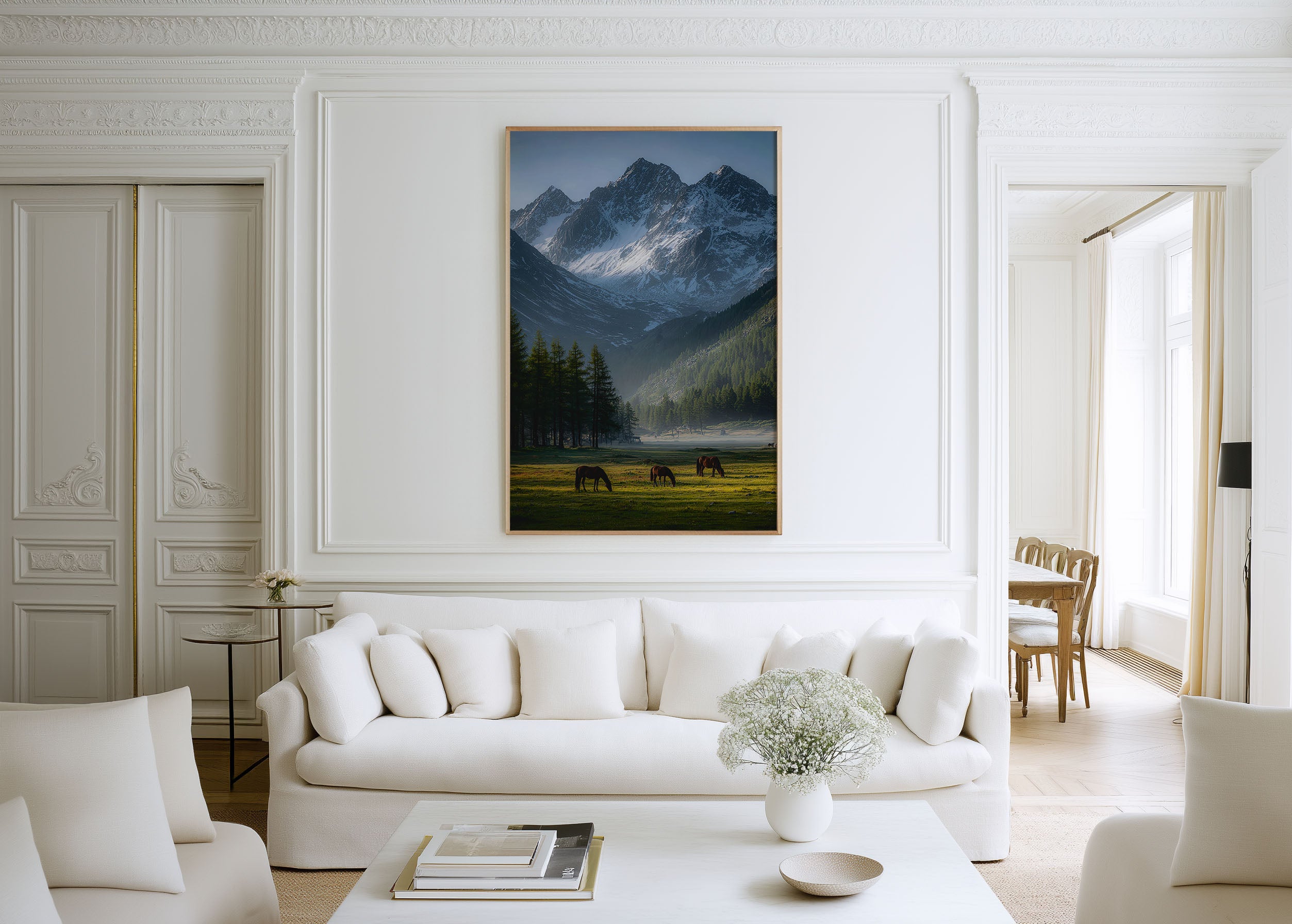 Alpine Valley Horses Print | Grazing Horses Mountain Wall Art | Snow Peak Meadow Photography