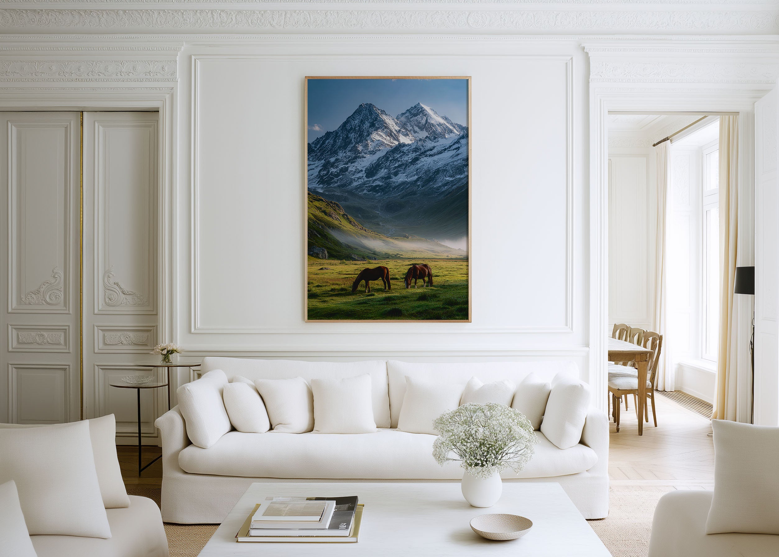 Two Horses Alpine Valley Print | Mountain Meadow Horse Wall Art | Snow Peak Landscape Photography