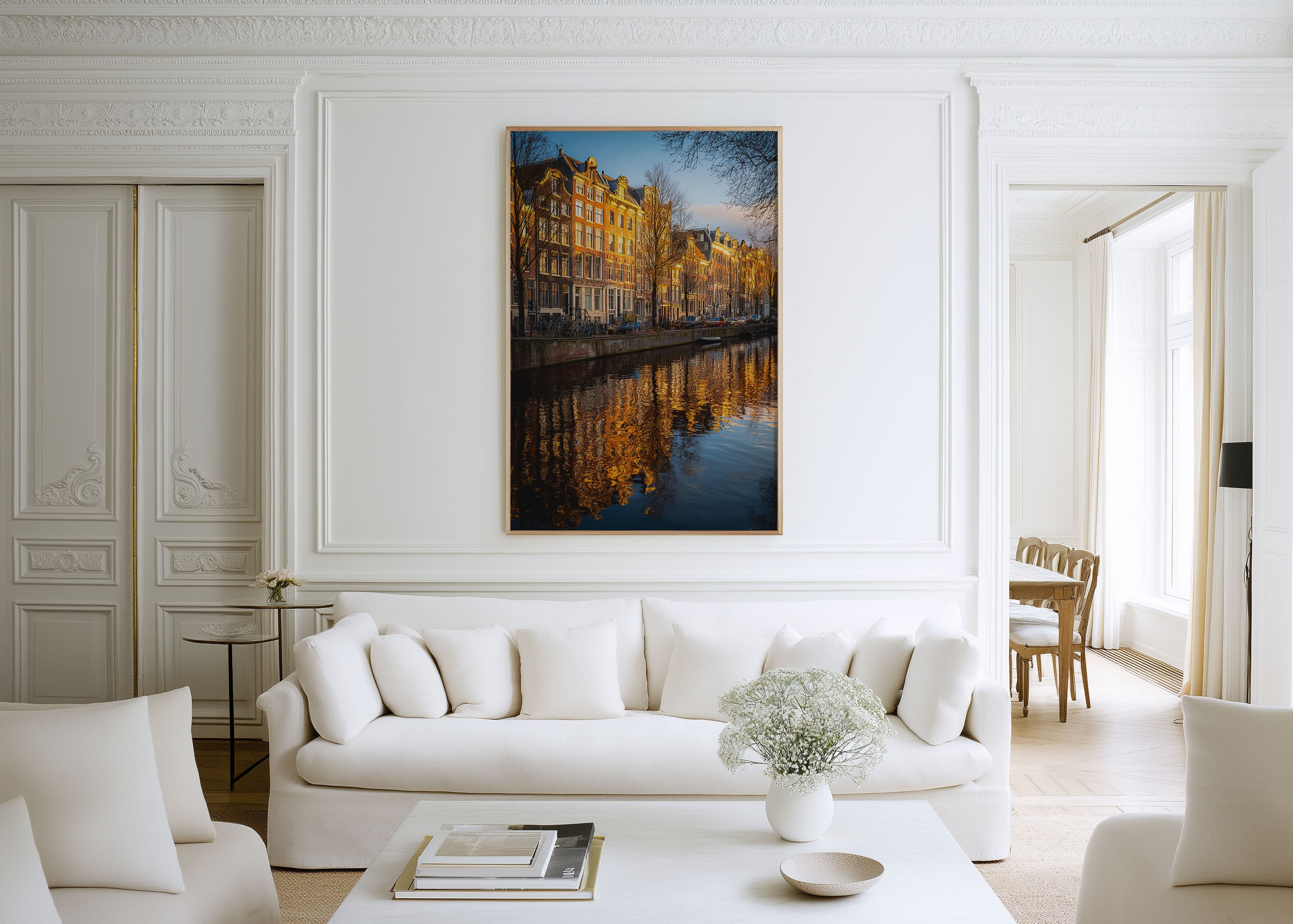Amsterdam Golden Canal Wall Art – European City Reflection Canvas Print, Travel Landscape Decor