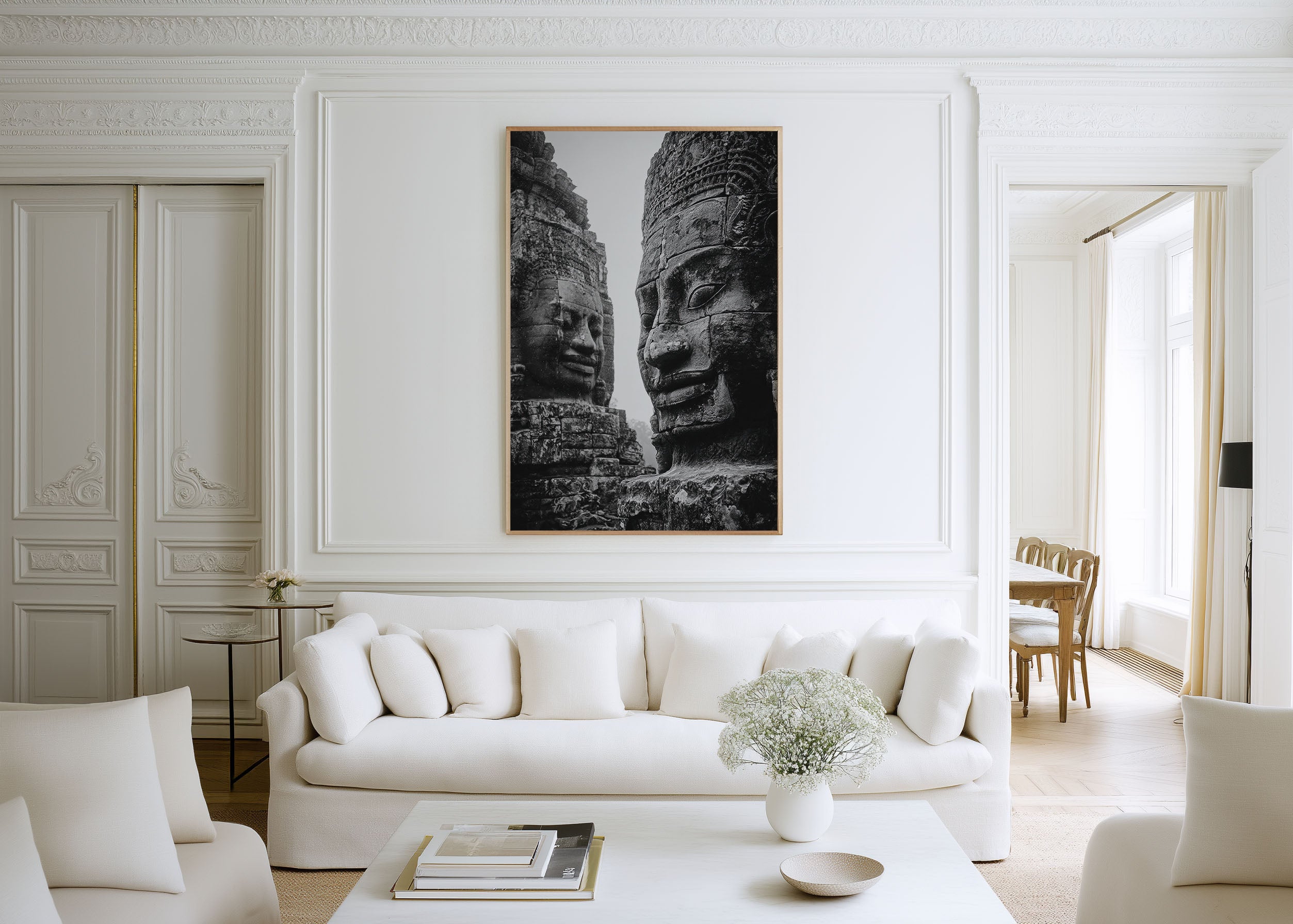 Angkor Thom Bayon Faces Wall Art Print | Cambodia Ancient Temple Stone Sculpture Black White Photography | Southeast Asia Travel Poster | Bold Spiritual Home Decor