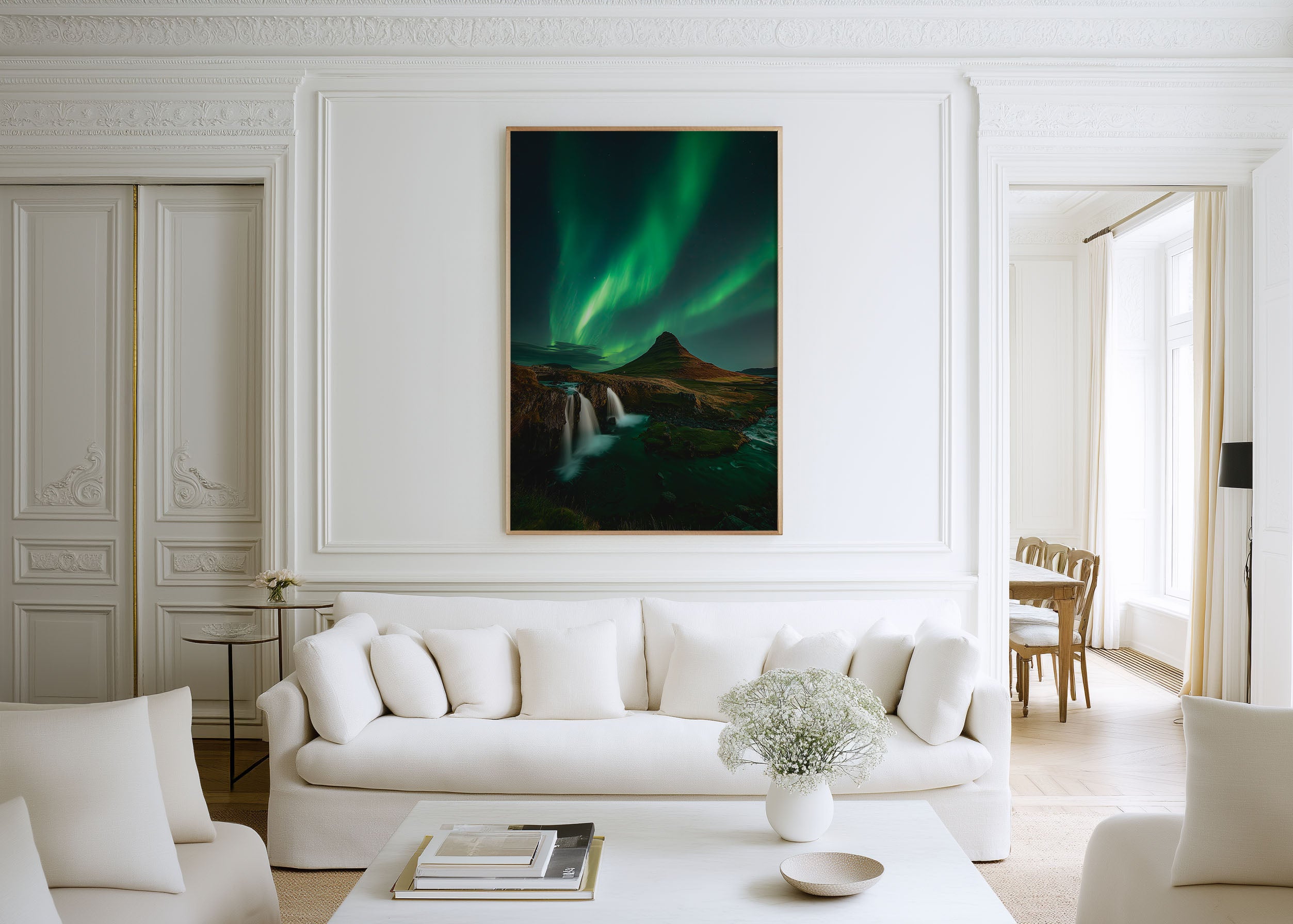 Kirkjufell Aurora Wide View Wall Art Print | Iceland Northern Lights Waterfall Photography | Green Night Sky Nordic Poster