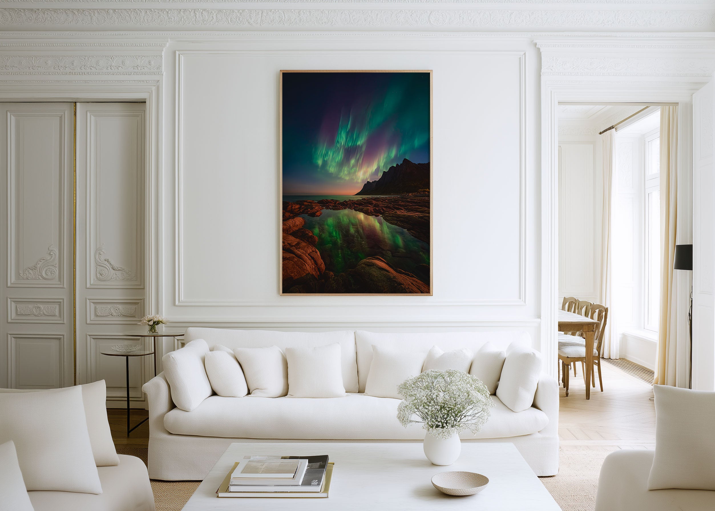 Aurora Borealis Norway Rocky Coastline Wall Art Print | Northern Lights Reflection Photography | Lofoten Night Sky Poster