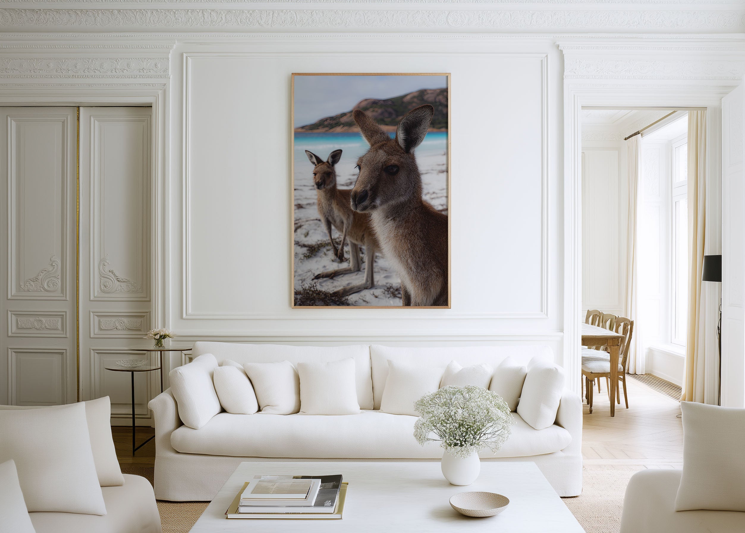 Australian Kangaroo Beach Wall Art Print – Coastal Wildlife Canvas & Framed Art, Ocean Landscape Decor
