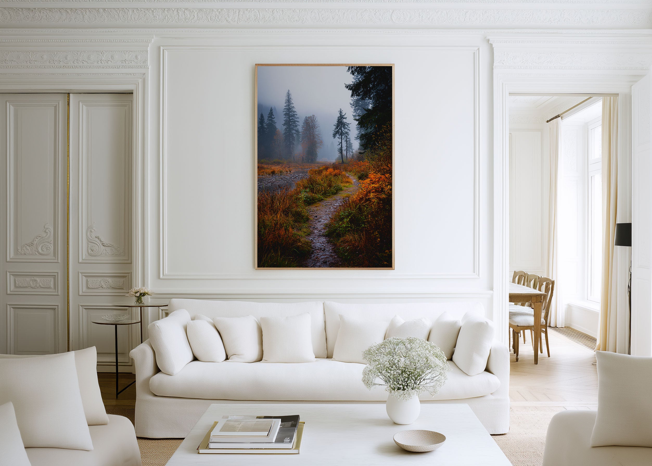 Autumn Foggy Forest Trail Wall Art Print | Pacific Northwest Misty Woodland Photography | Fall Foliage River Path Poster