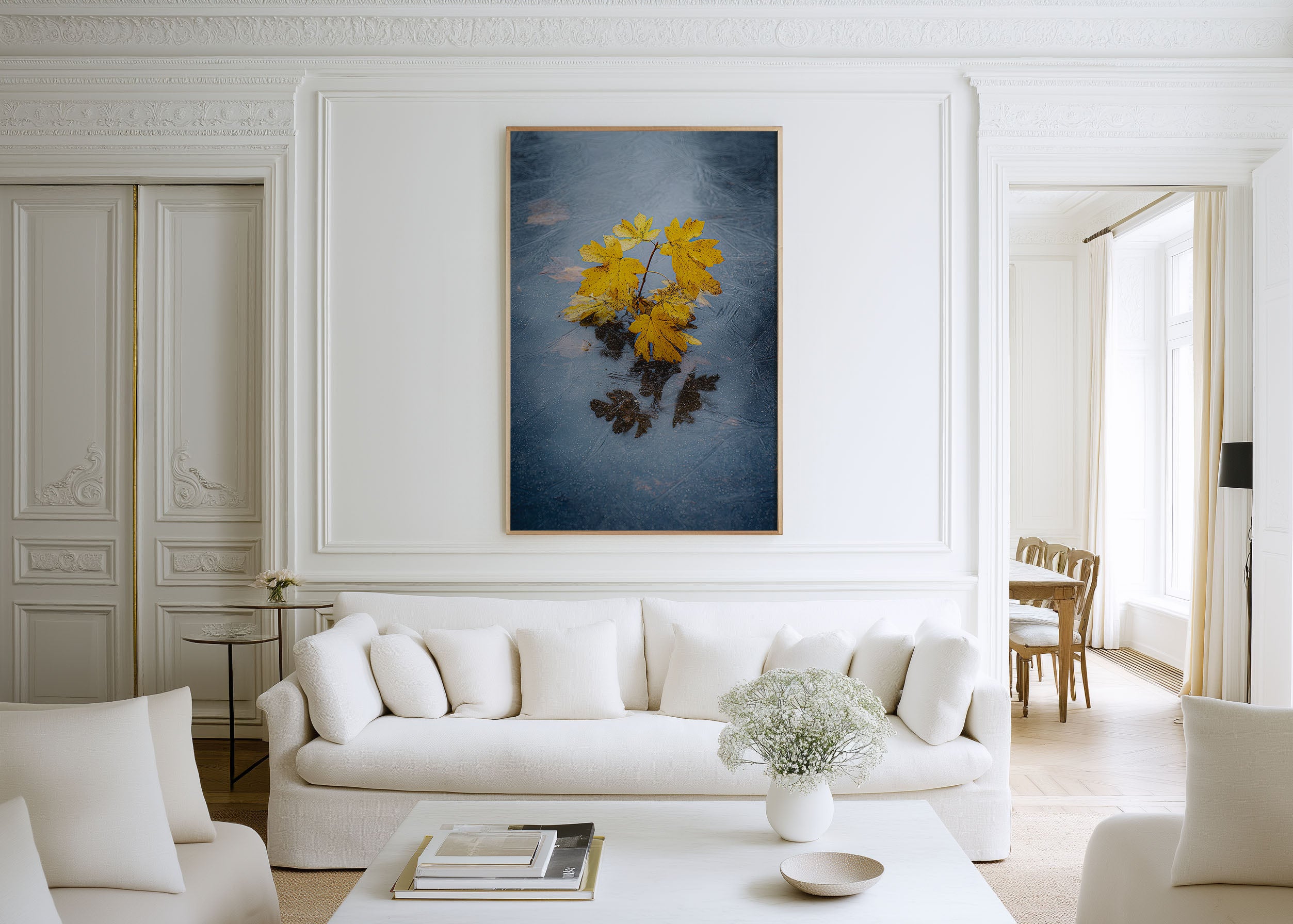 Autumn Leaves Frozen Ice Print | Yellow Maple Leaf Winter Wall Art | Minimalist Nature Macro Landscape Photography Poster