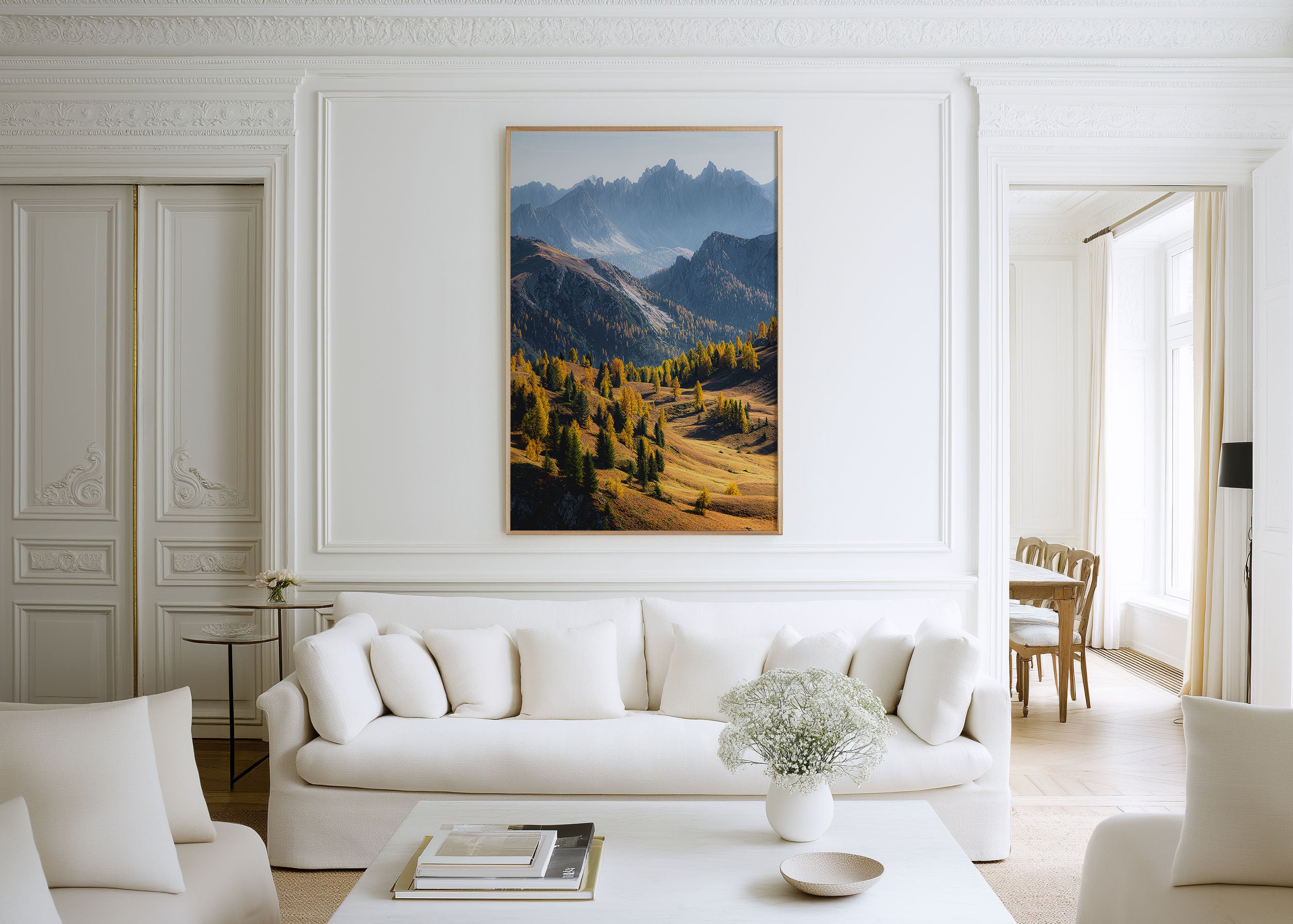 Golden Autumn Alps Print | Dolomites Mountain Pass Wall Art | Larch Meadow Landscape | Fall Photography Poster