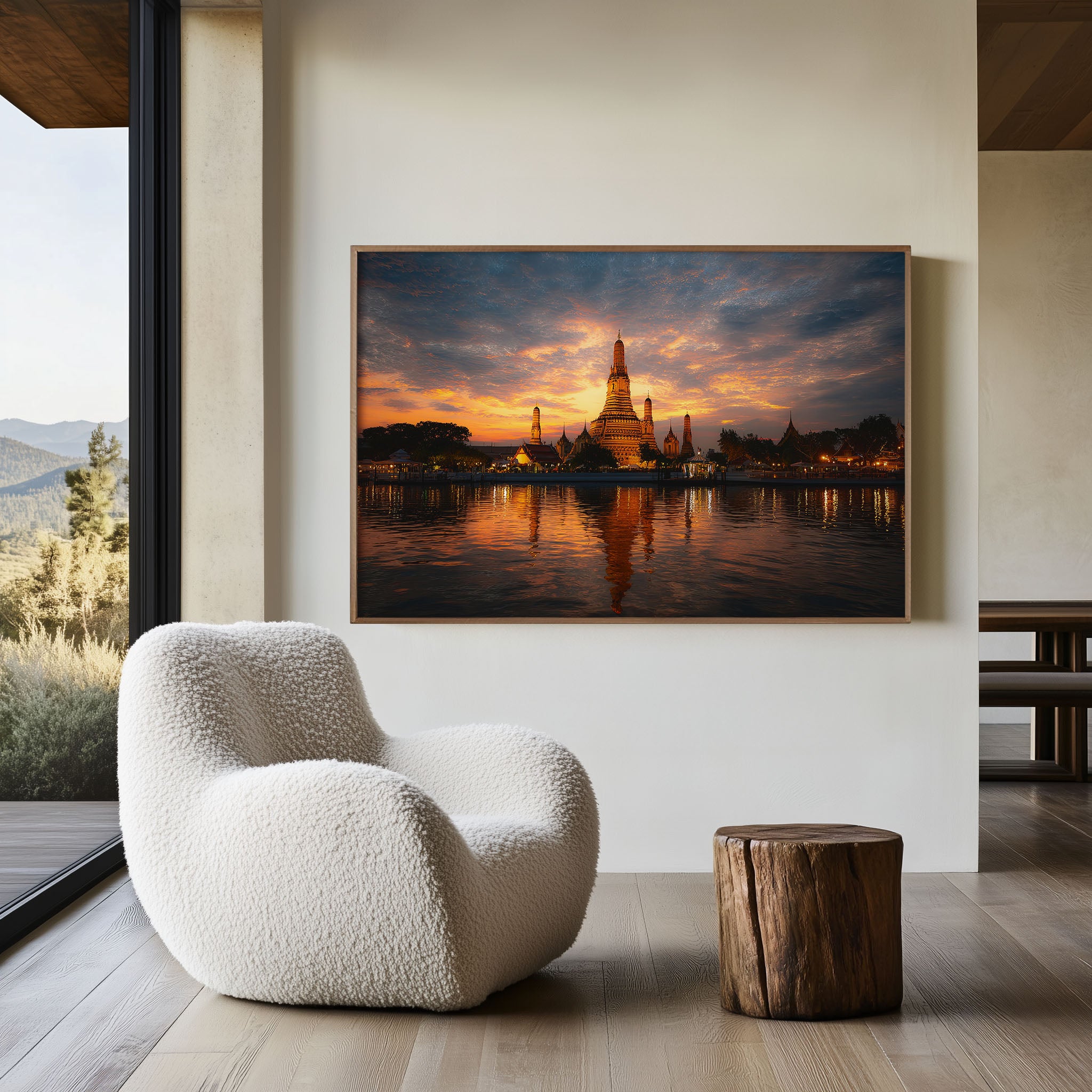 Bangkok Riverside Temple Sunset Wall Art Print – Thailand Golden Temple Canvas