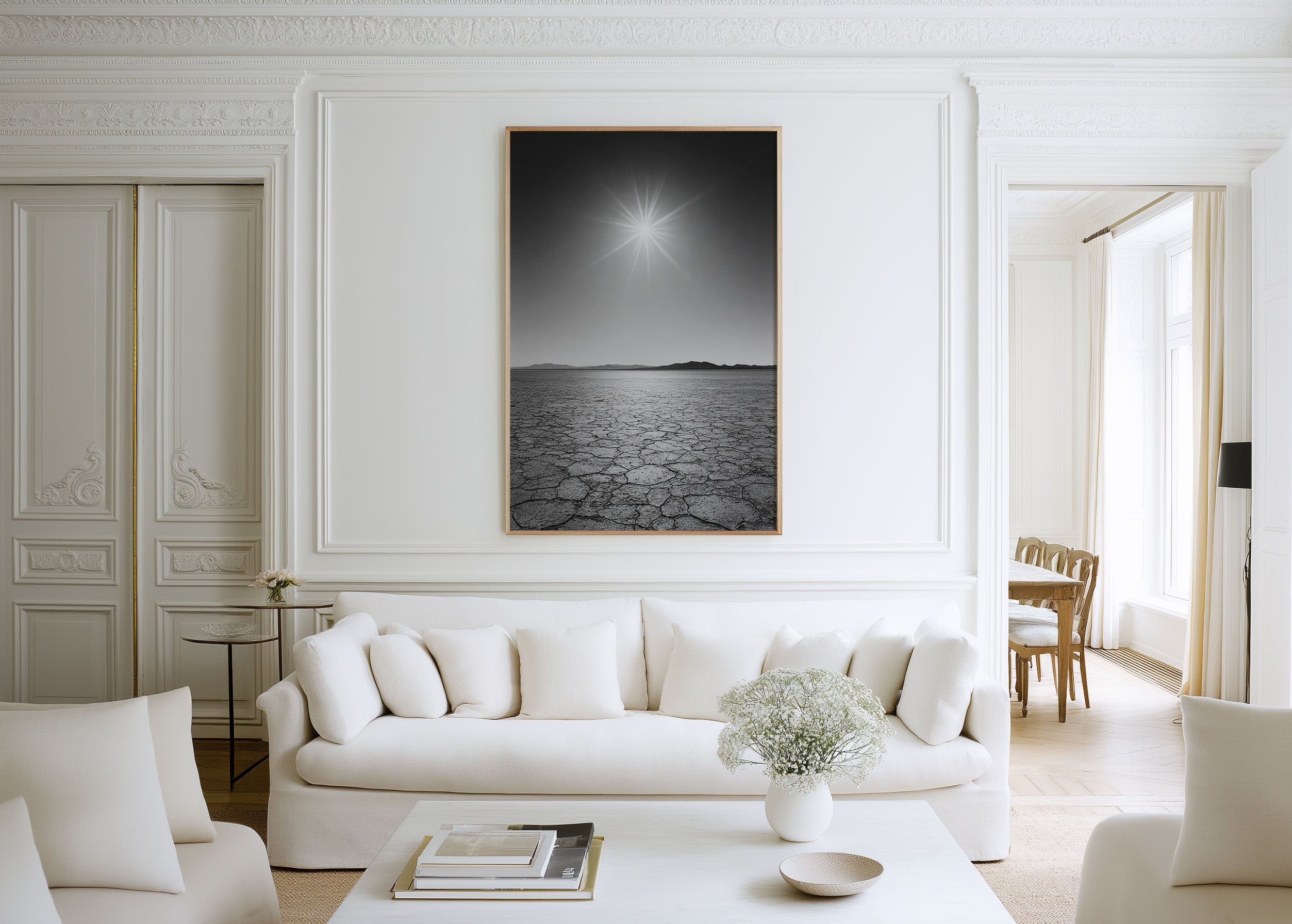 Black Rock Desert Wall Art Print | Nevada Salt Flat Black & White Photography | Cracked Earth Sun Landscape Poster | Minimalist Nature Print | Bold Graphic Home Decor