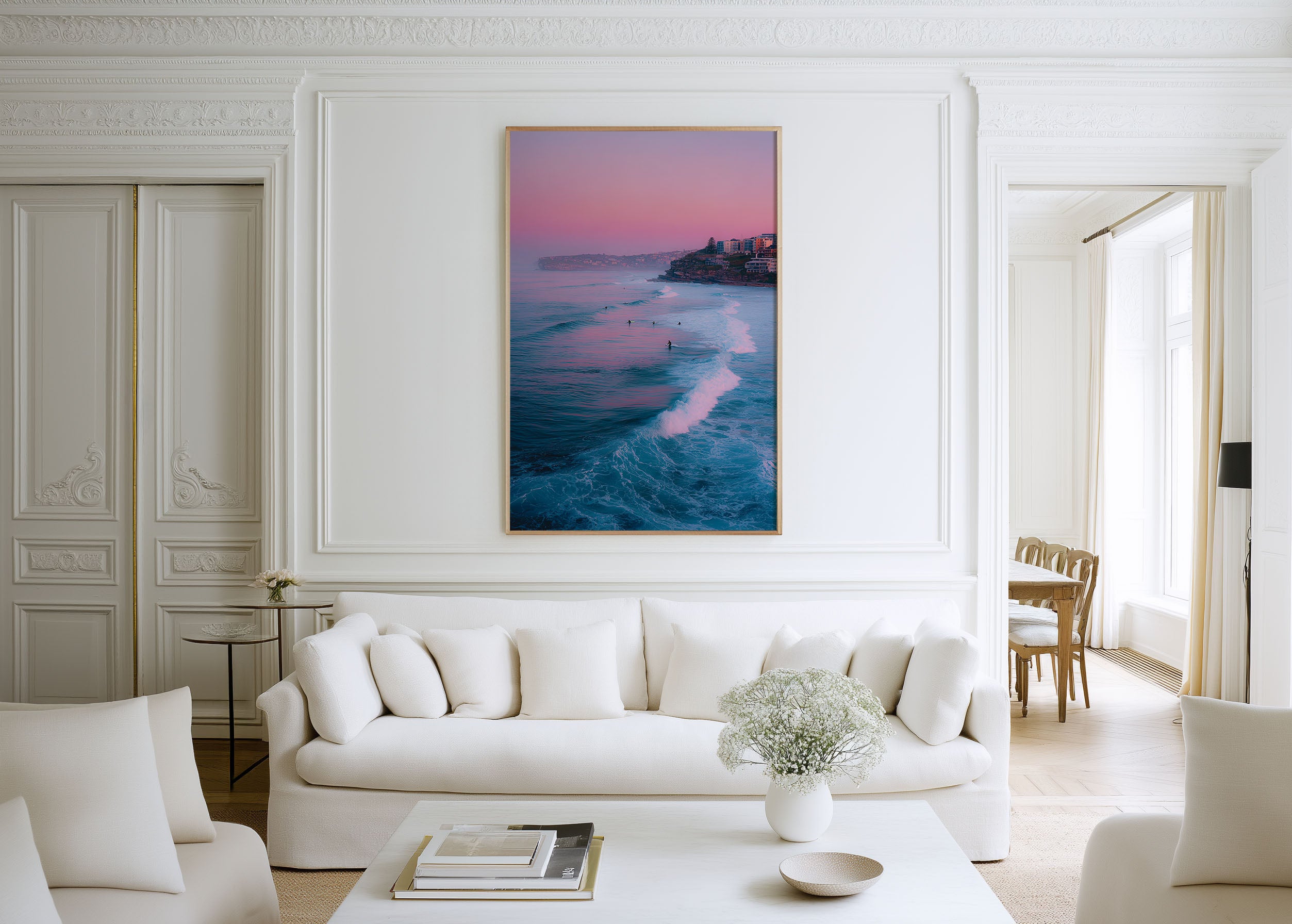 Bondi Beach Surfers Wall Art Print | Pink Sunrise Coastal Photography