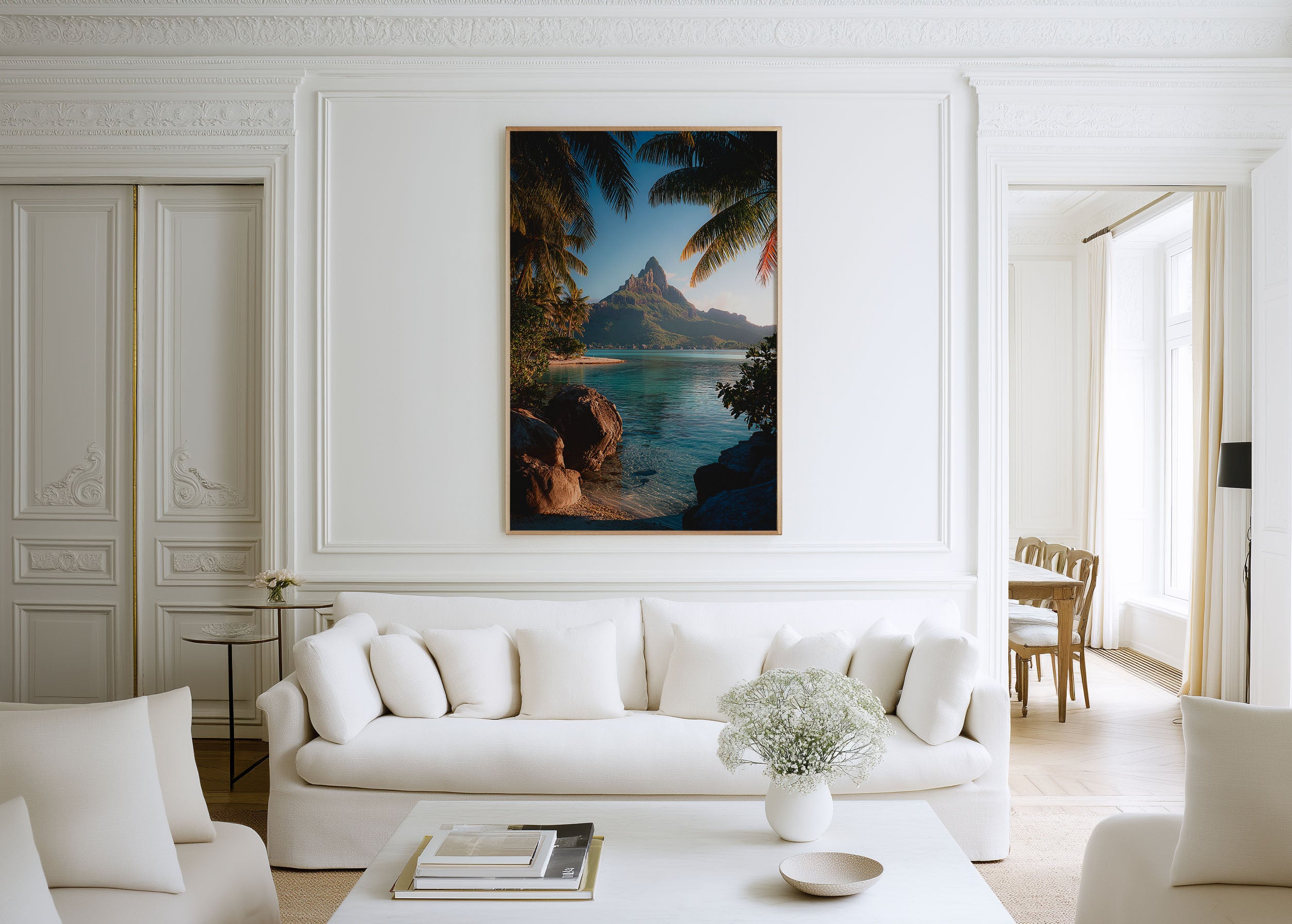 Bora Bora Palm Frame Wall Art Print | Mount Otemanu Lagoon Overwater Bungalow Photography | French Polynesia Tropical Poster | South Pacific Paradise Print | Luxury Home Decor