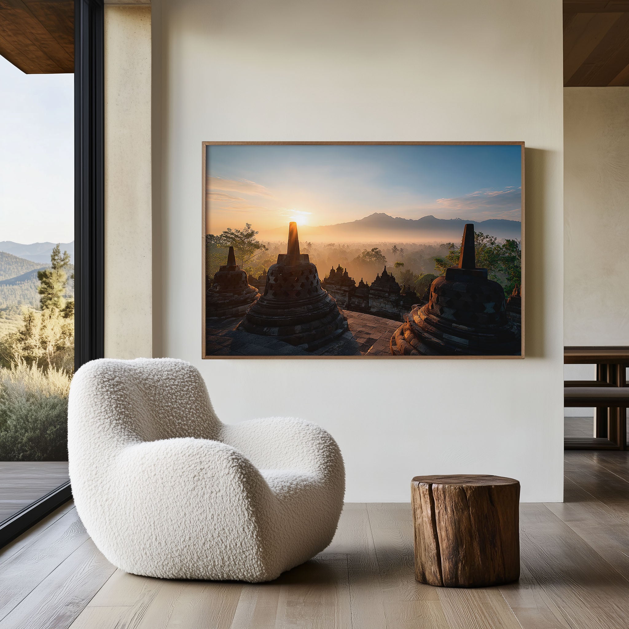 Borobudur Temple Sunrise Wall Art Print – Indonesia Misty Landscape Canvas