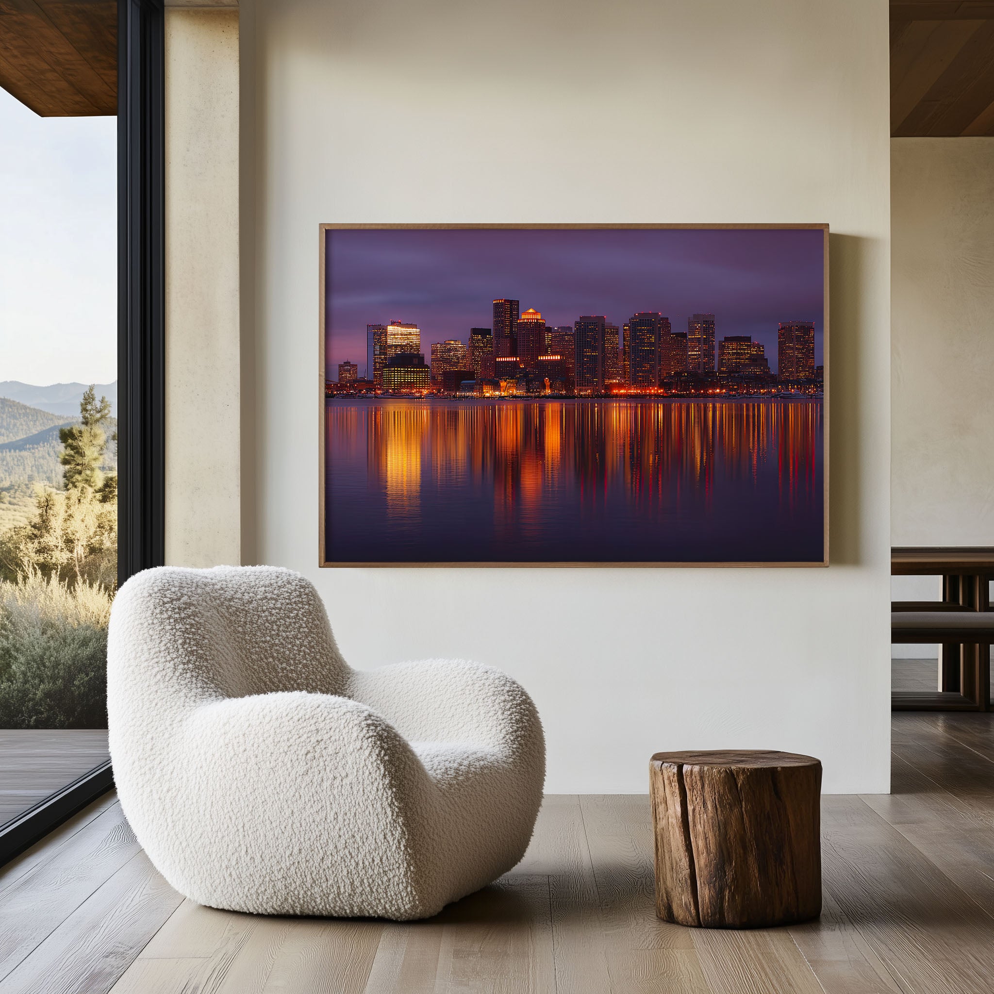 Boston Skyline Night Wall Art – Harbor City Lights Reflection Print, Massachusetts Waterfront Photography Decor