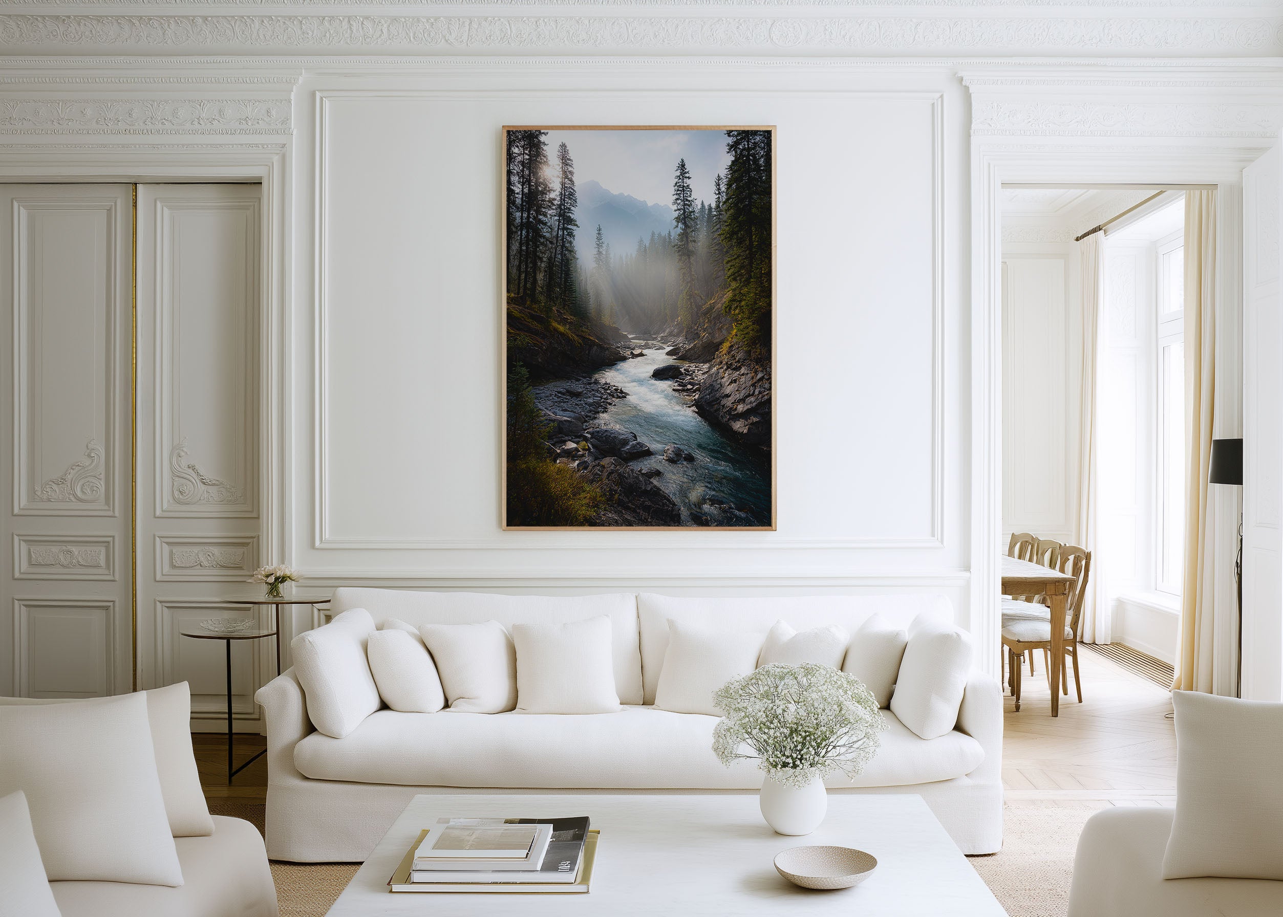 Bow River Banff Print | Canadian Rockies River Forest Wall Art | Rocky Mountain Stream Sun Rays Landscape Photography Poster