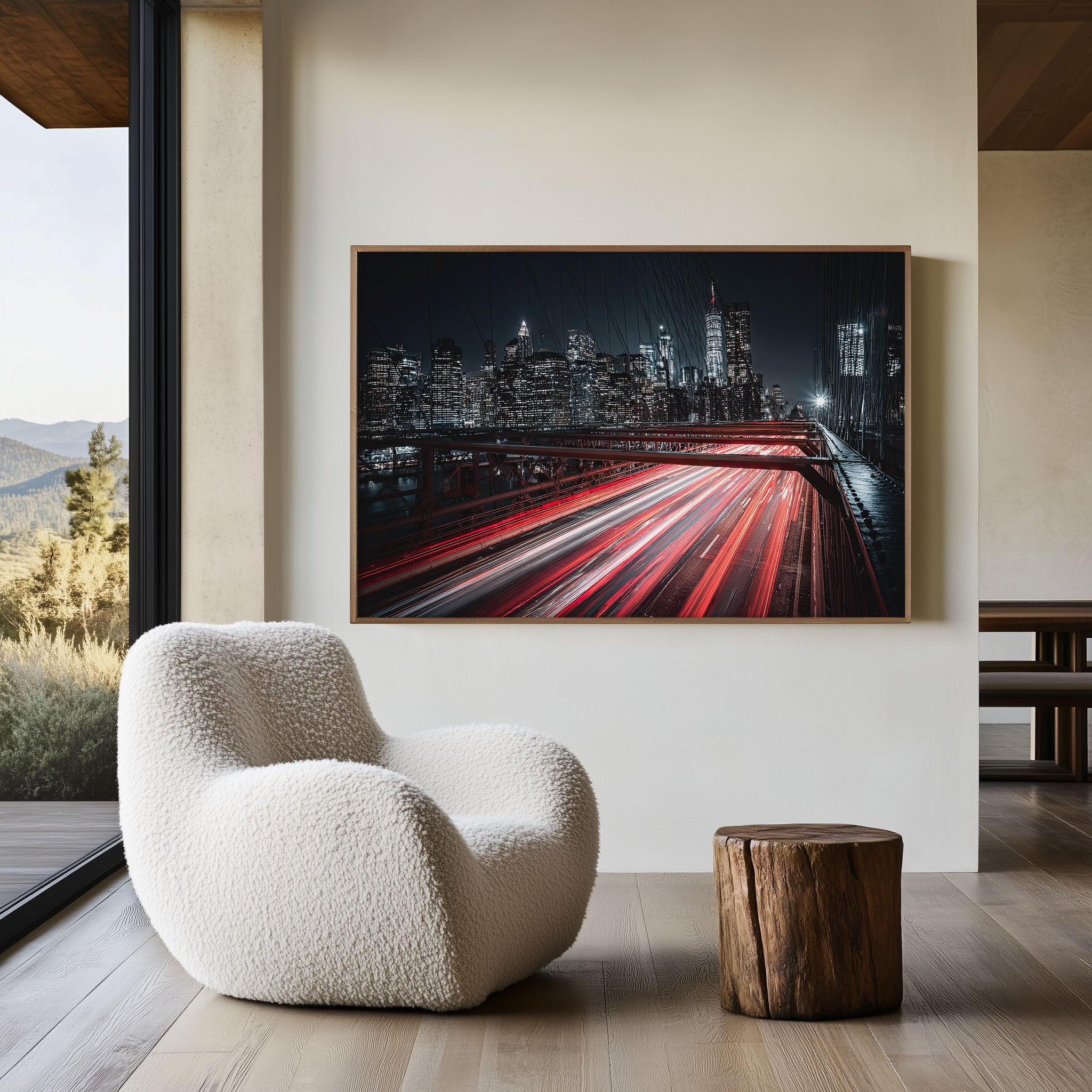 Brooklyn Bridge Night Traffic Wall Art Print, New York City Skyline