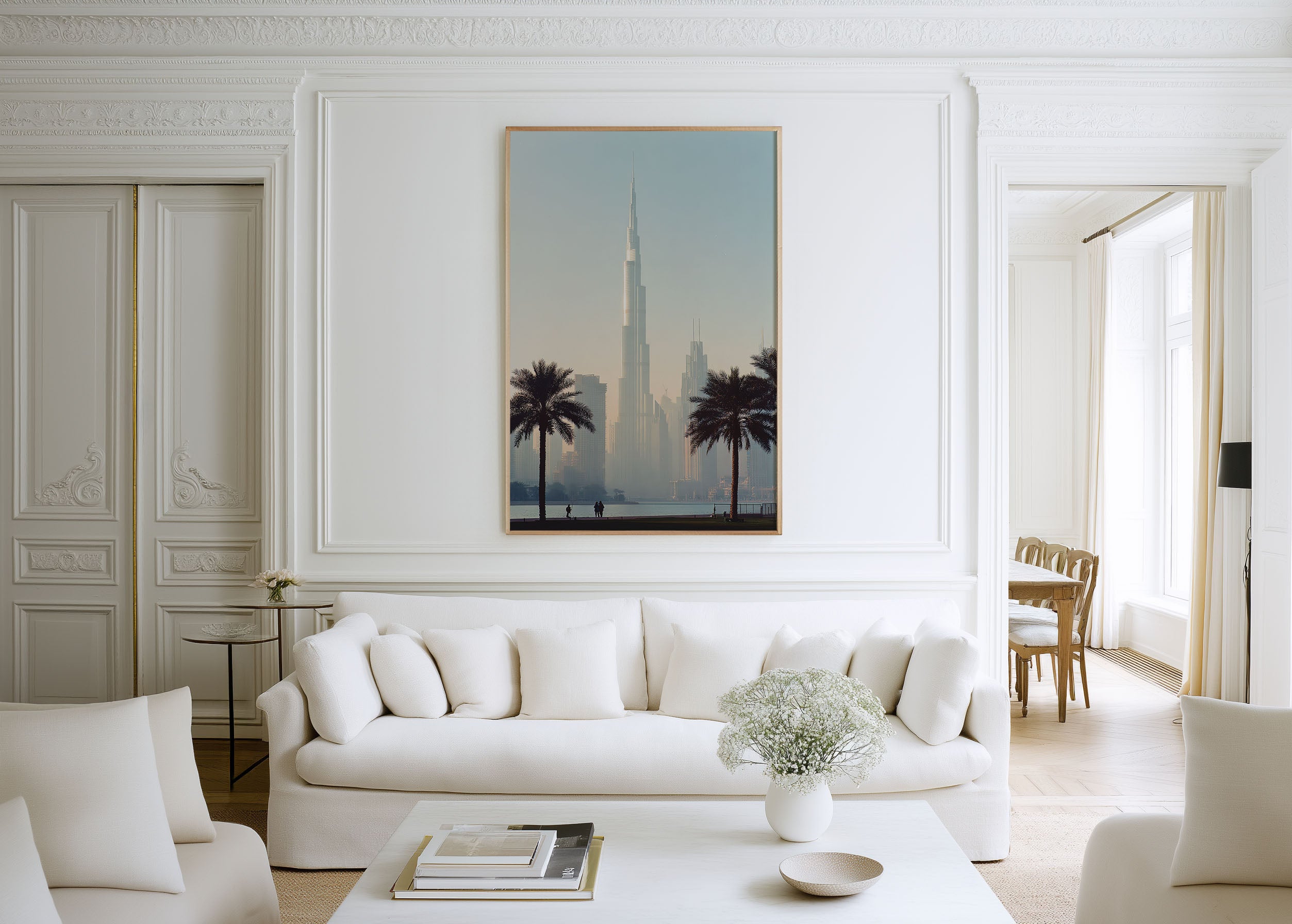 Burj Khalifa Dubai Wall Art Print | Hazy Skyline Palm Tree Photography | UAE Cityscape Landscape Poster | Middle East Travel Print | Minimalist Modern Home Decor