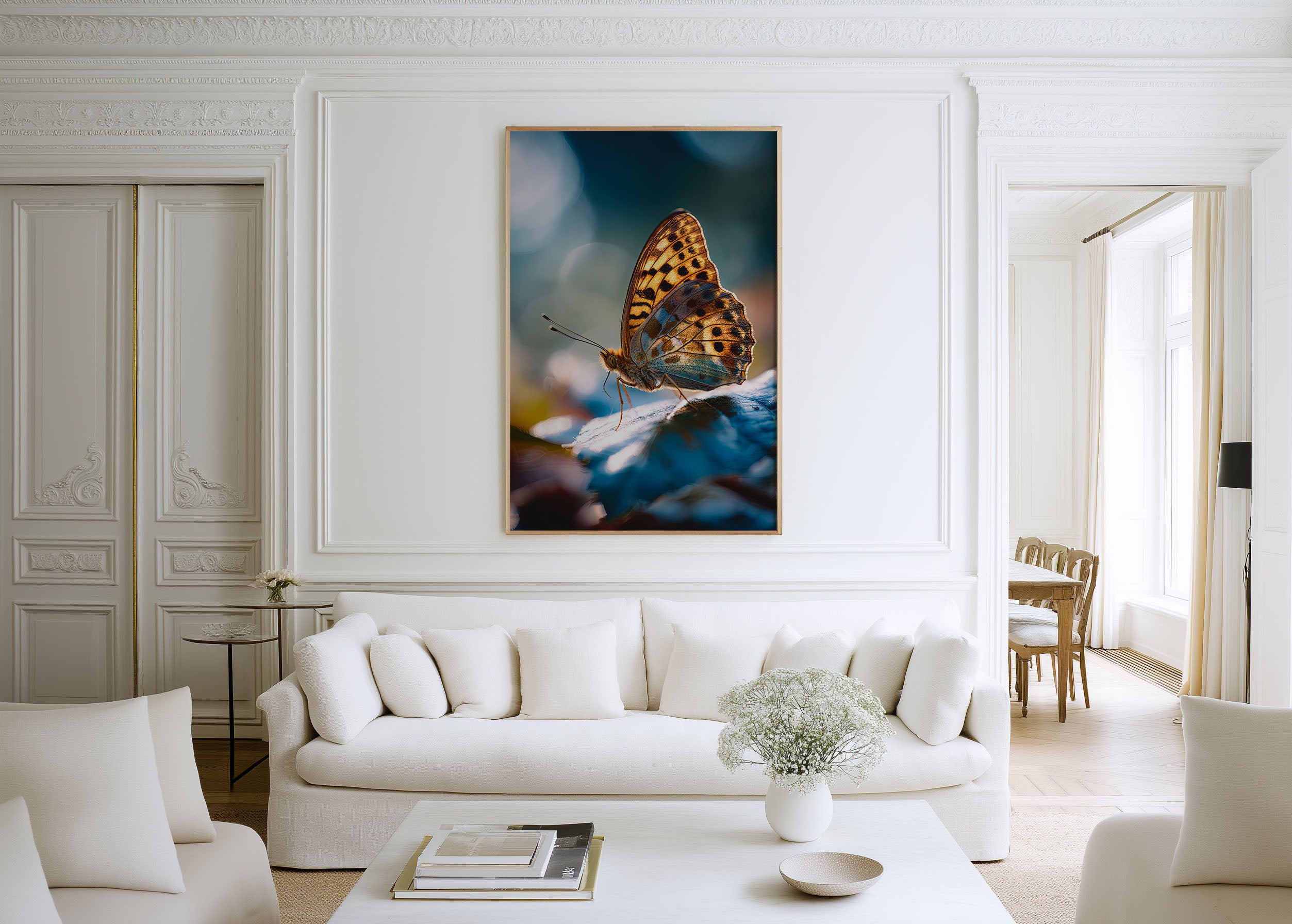 Butterfly Macro Bokeh Wall Art Print | Golden Fritillary Nature Close-Up Photography | Teal Bokeh Wildlife Poster