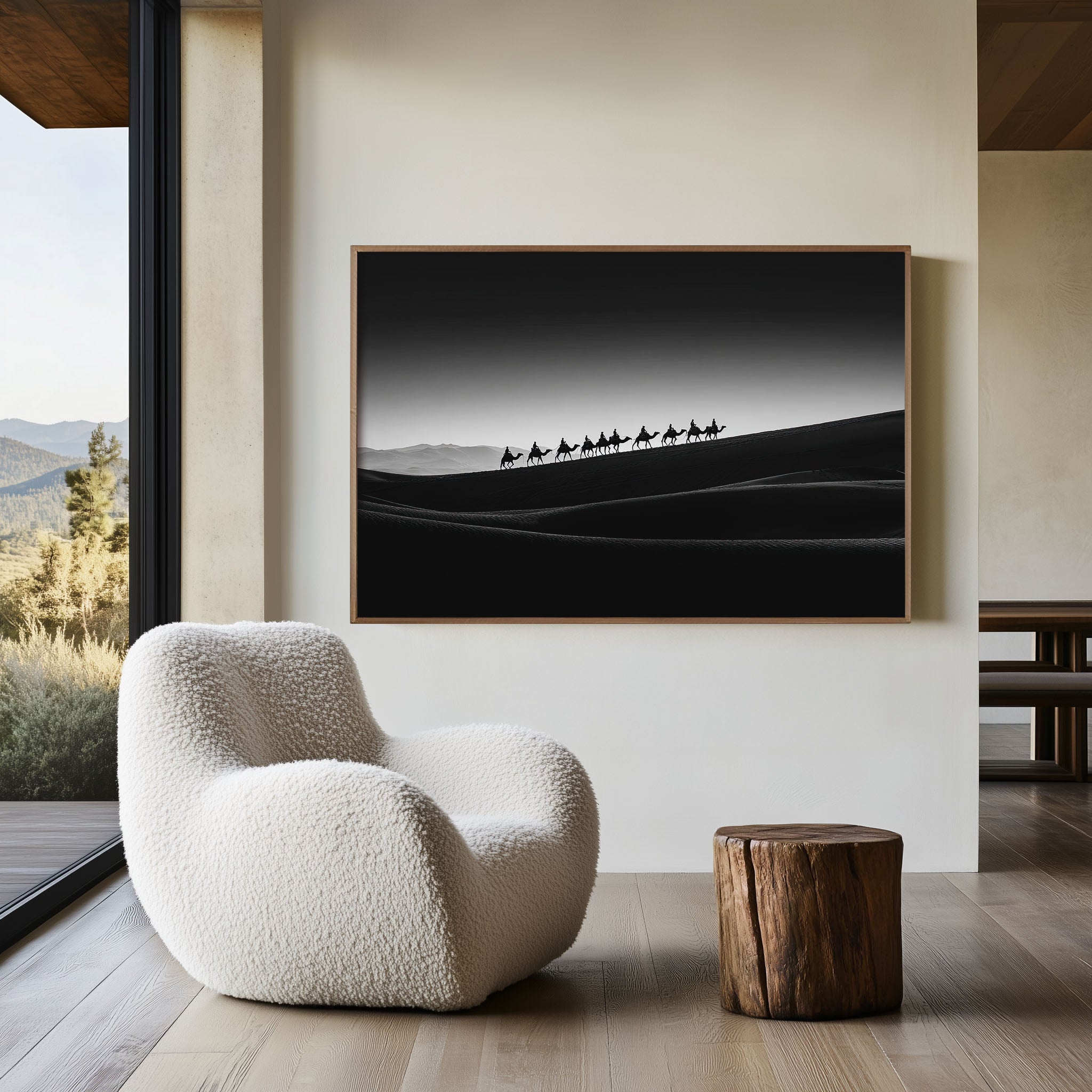 Camel Caravan Desert Wall Art – Black and White Minimalist Photography Print