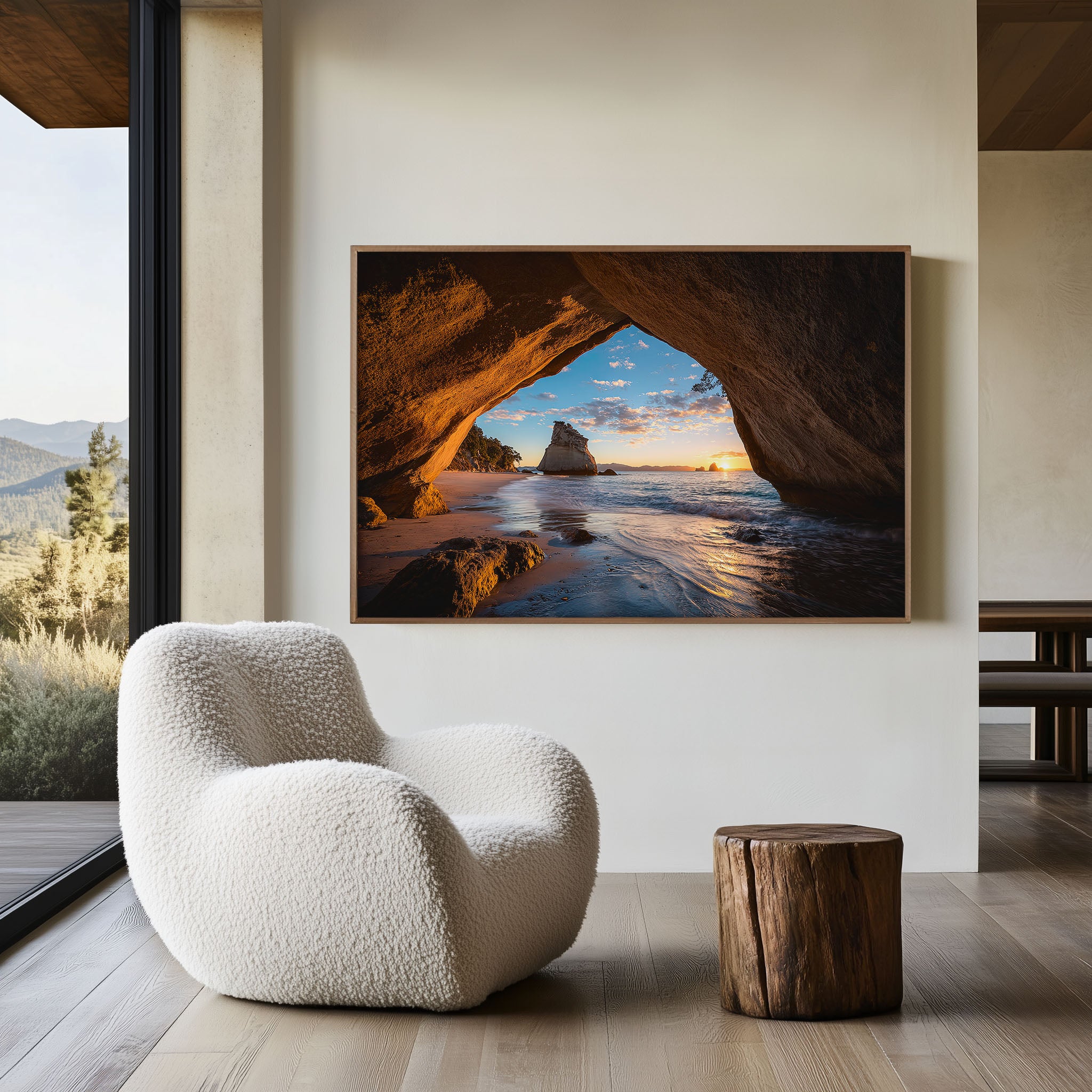 Cathedral Cove Wall Art – New Zealand Sunrise Beach Print, Coromandel Ocean Cave Seascape Landscape Decor