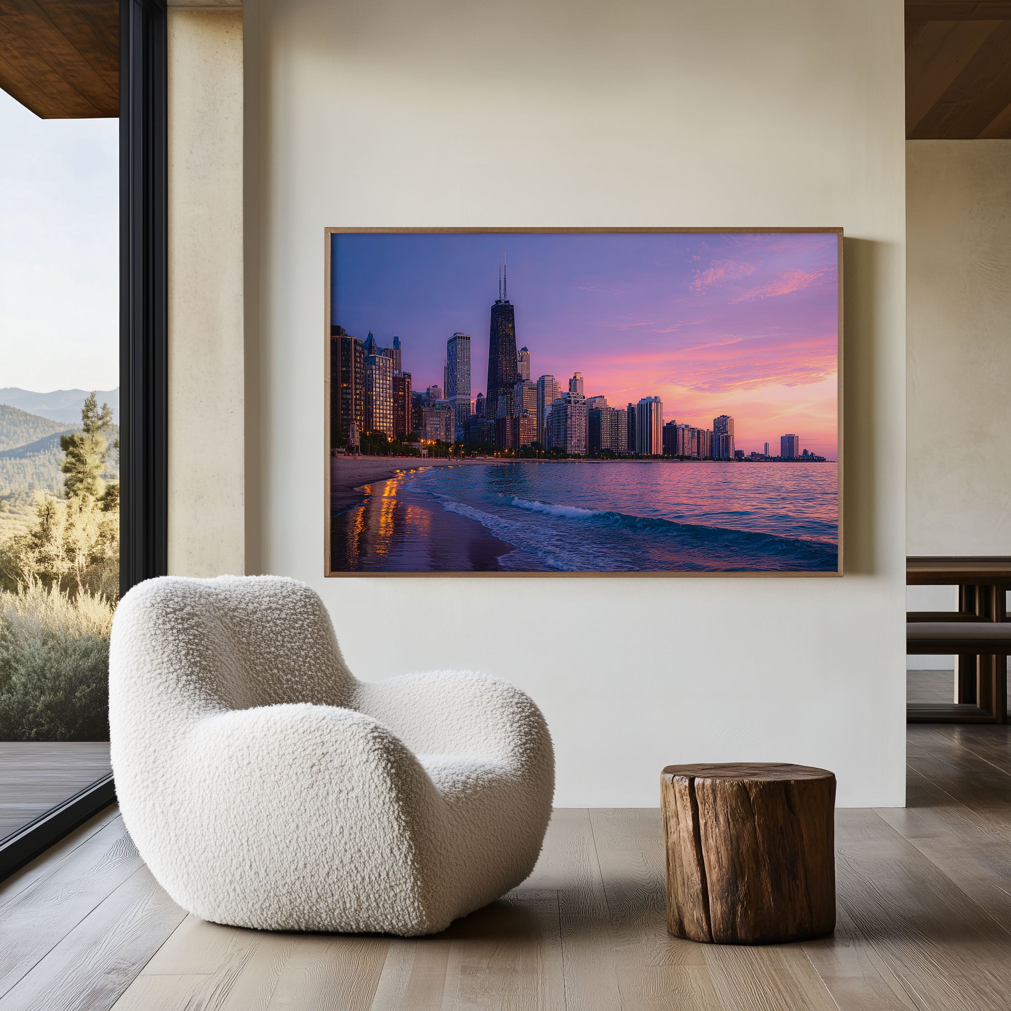 Chicago Skyline Wall Art – Lake Michigan Sunset Cityscape Print, Chicago Illinois Waterfront Photography Decor