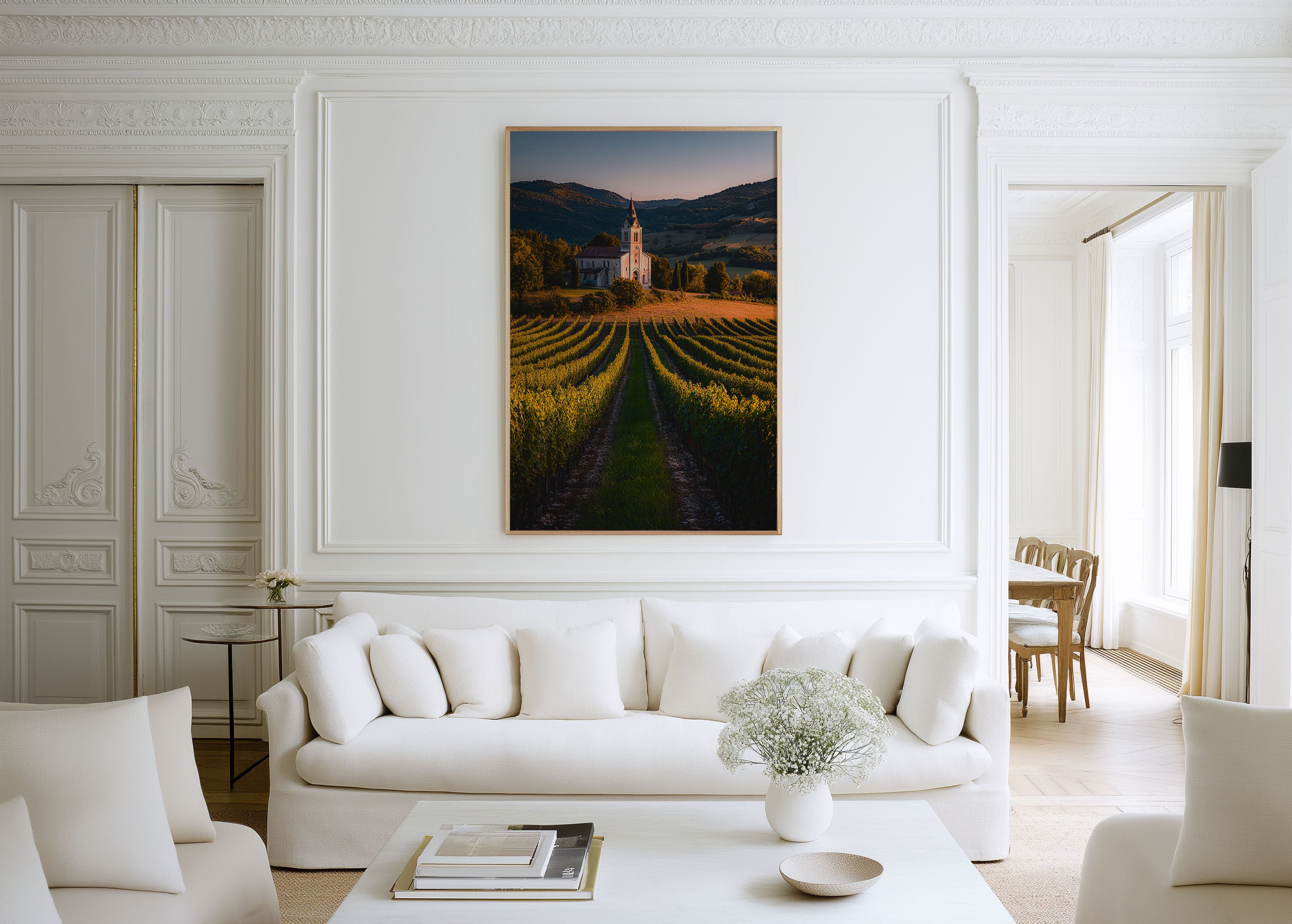 Tuscany Vineyard Church Wall Art Print | Italian Wine Country Landscape Photography | Golden Hour Countryside Pastoral Poster