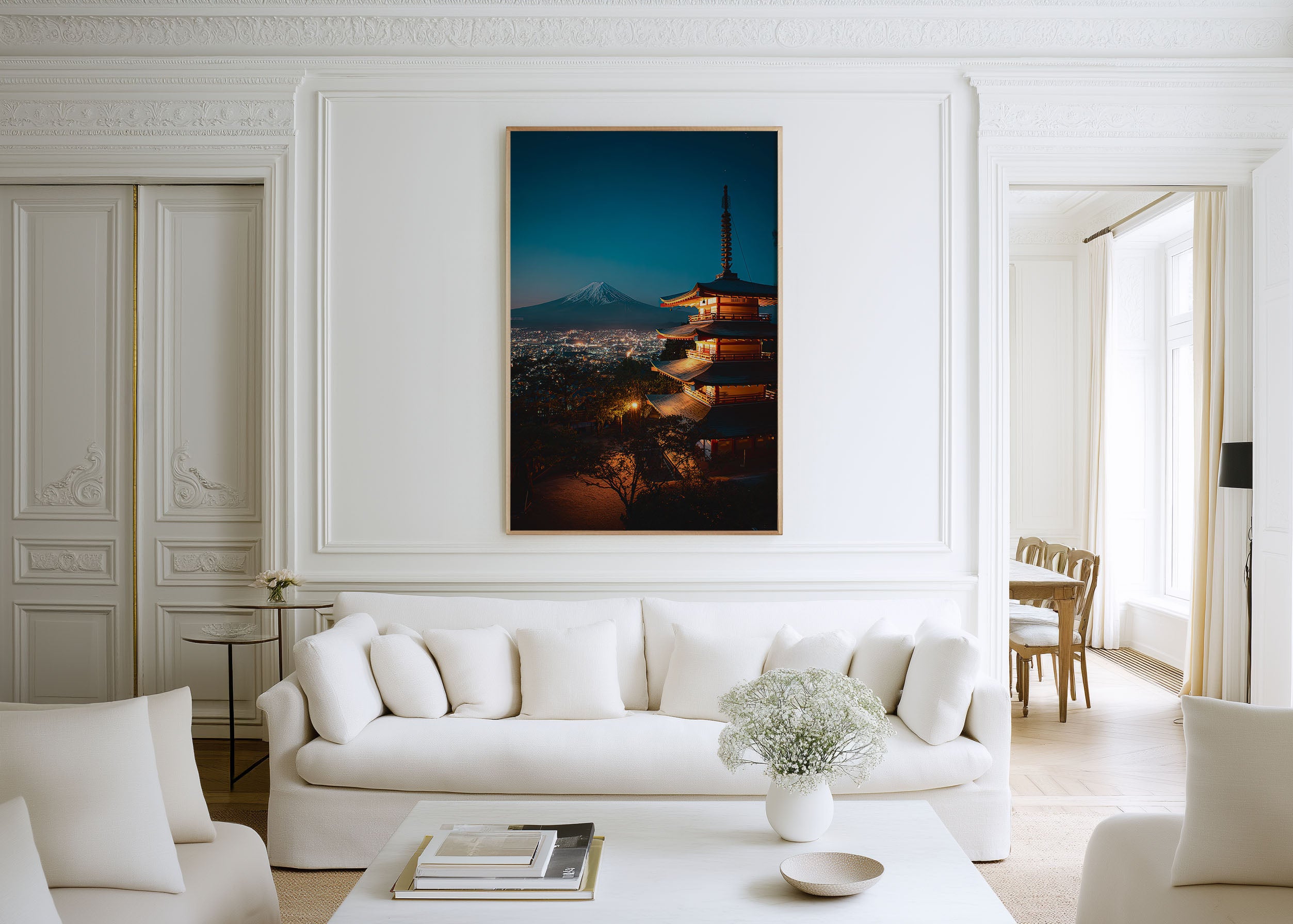 Chureito Pagoda Fuji Night Glow Wall Art Print | Japan Fujiyoshida City Lights Photography | Illuminated Pagoda Blue Hour Poster