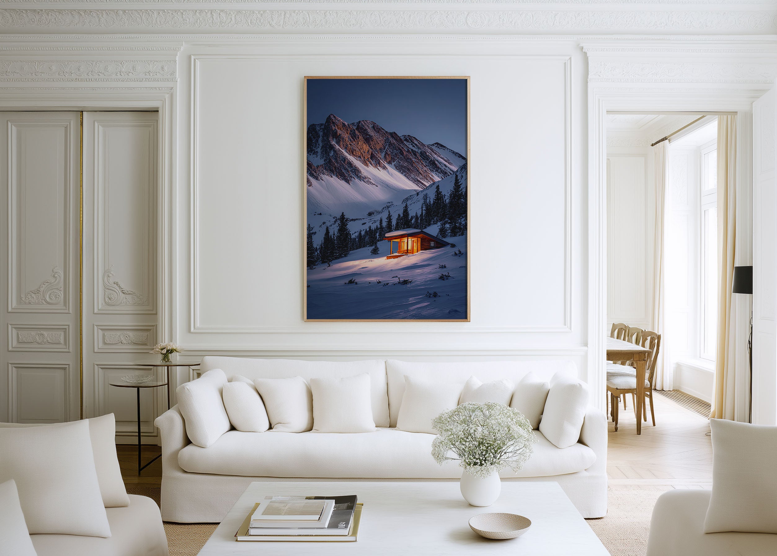 Mountain Cabin Winter Print | Cozy Snow Lodge Wall Art | Rocky Mountains Twilight Photography