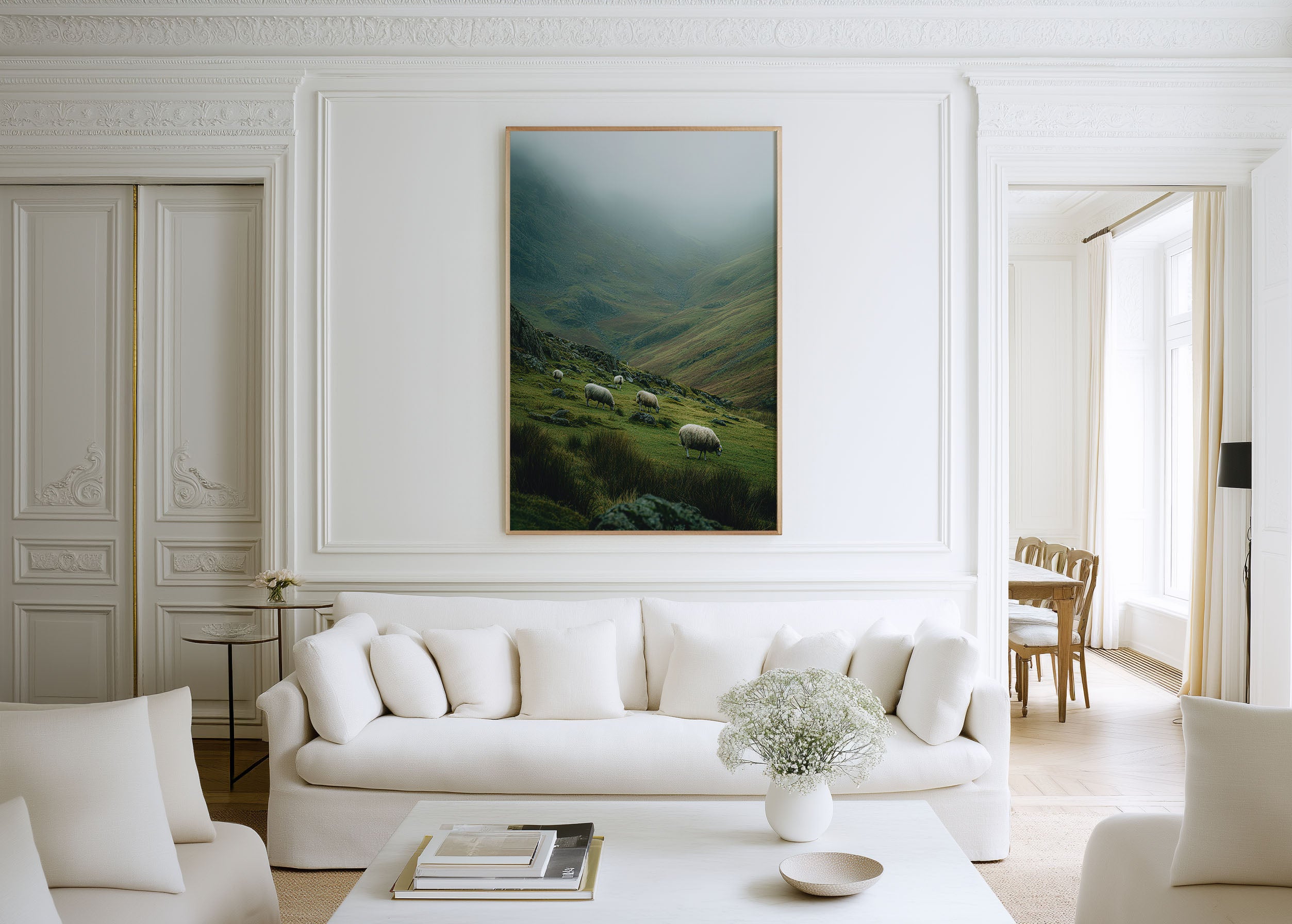 Grazing Sheep Highland Valley Wall Art Print | Ireland Wales Countryside Photography | Misty Green Mountain Pastoral Poster