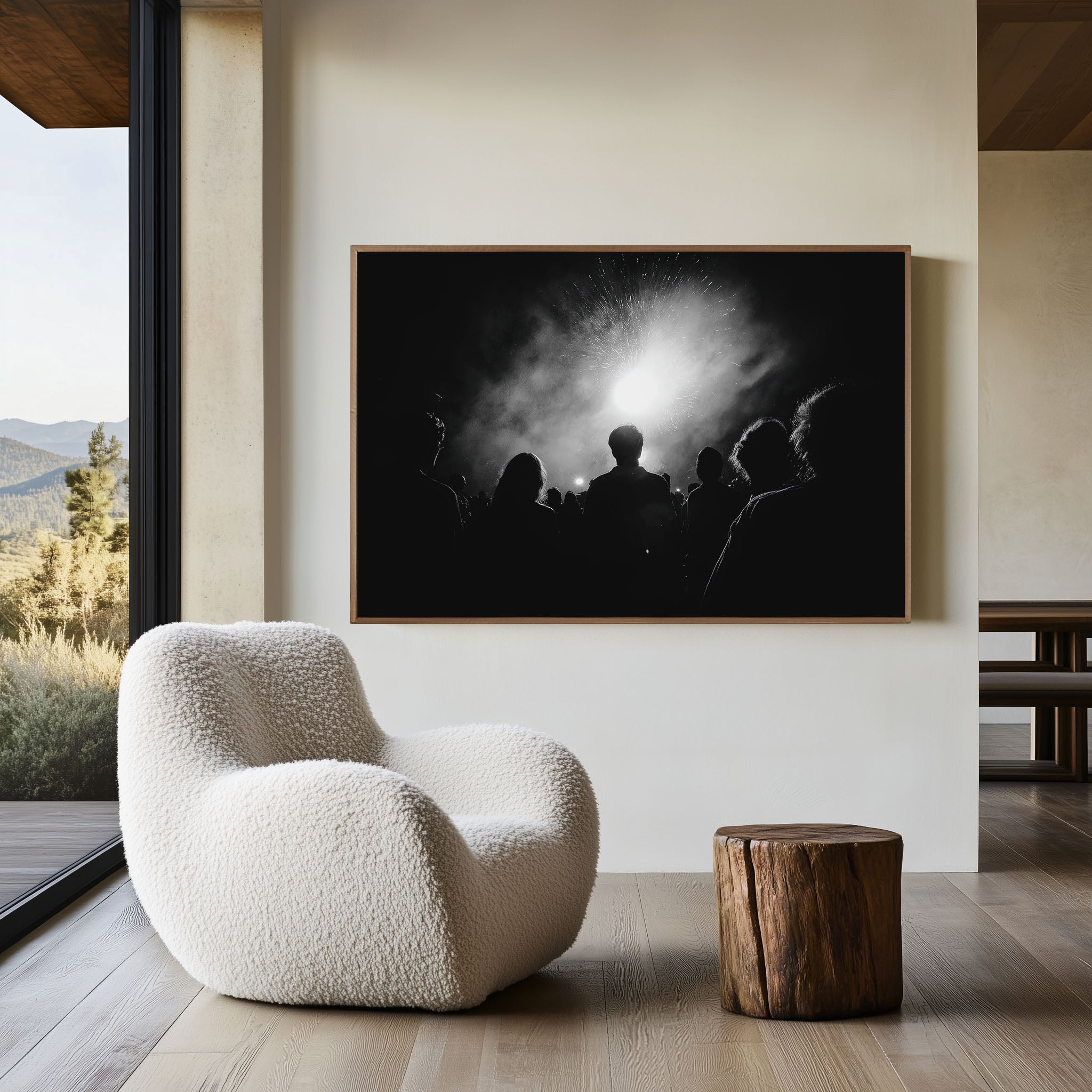 Crowd Watching Fireworks Night Print | Black and White Celebration Wall Art | Festival Photography