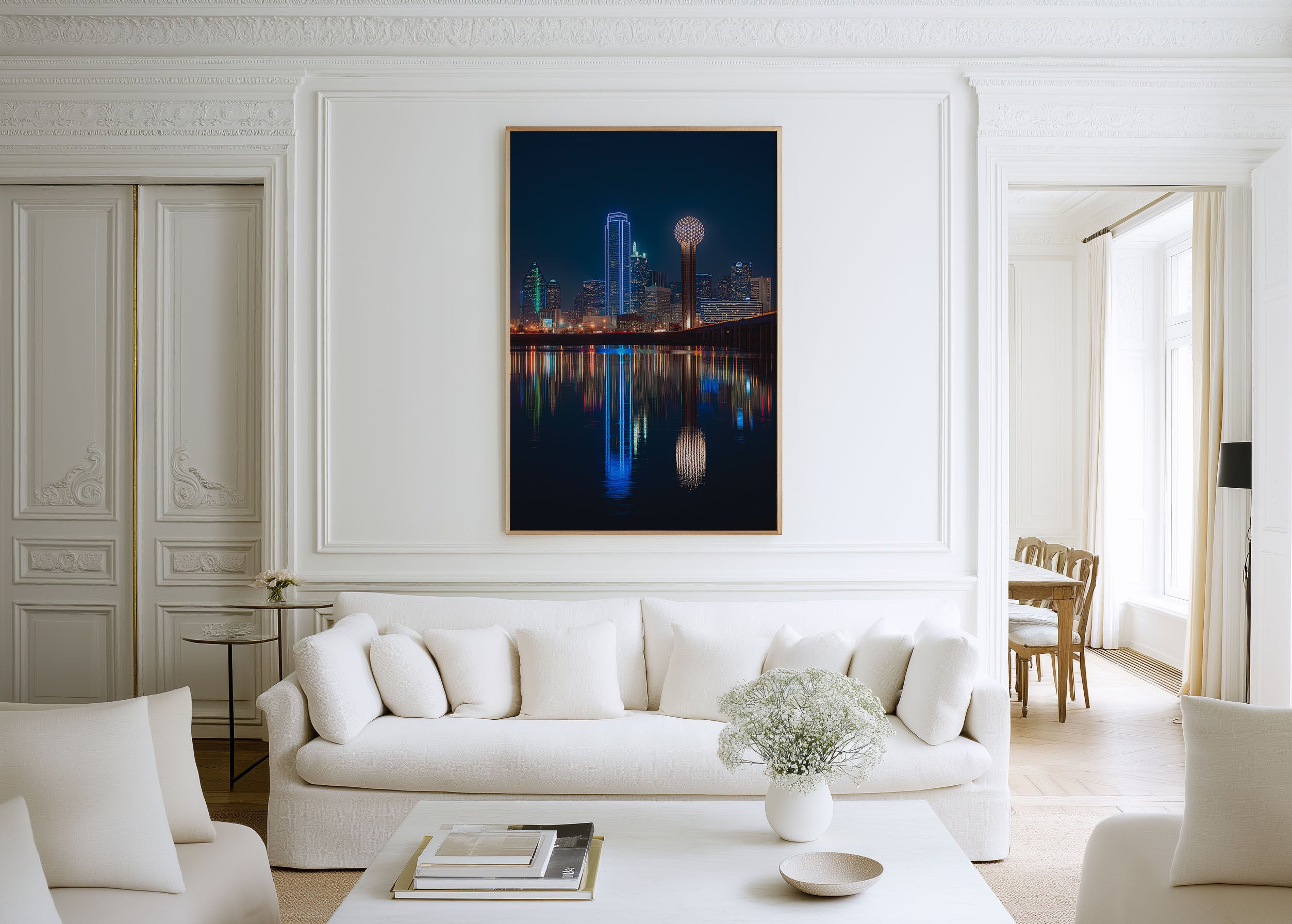 Dallas Skyline Night Wall Art | Reunion Tower Reflection Texas Print | City Lights Photography Poster