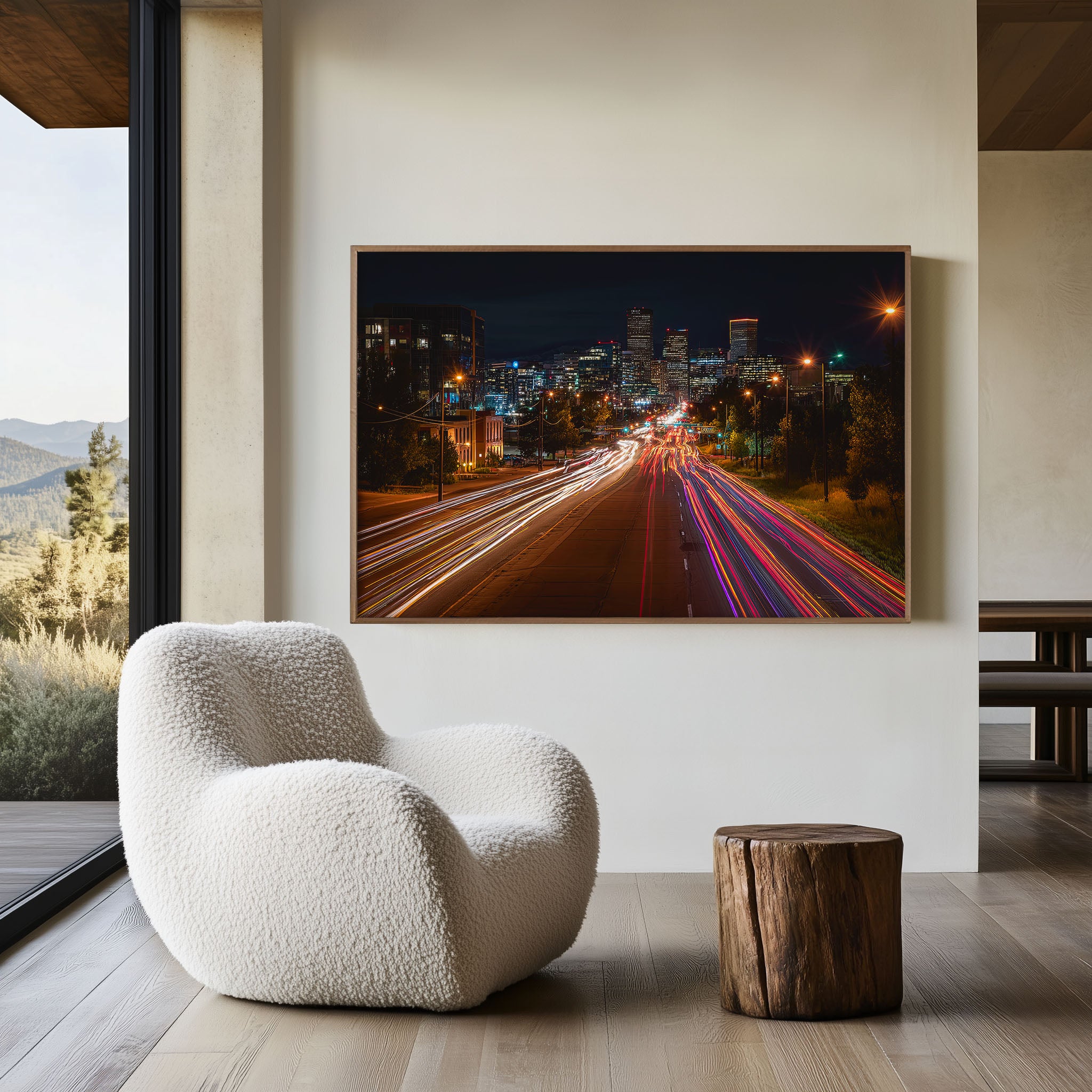 Denver Downtown Night Traffic Wall Art Print, Colorado Skyline