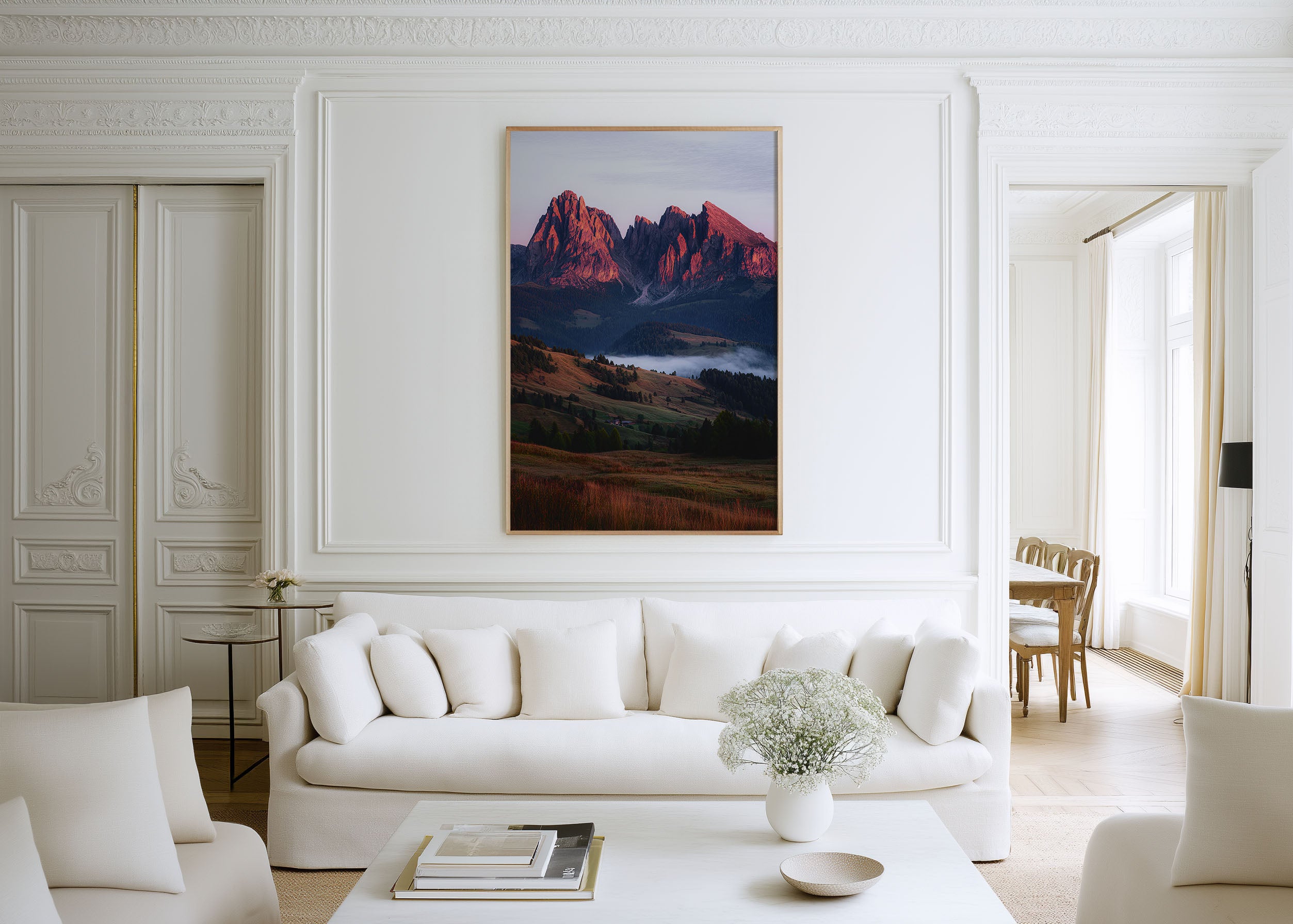 Alpe di Siusi Dolomites Alpenglow Wall Art Print | Italy Seiser Alm Photography | Sassolungo Sunrise Mountain Mist Poster