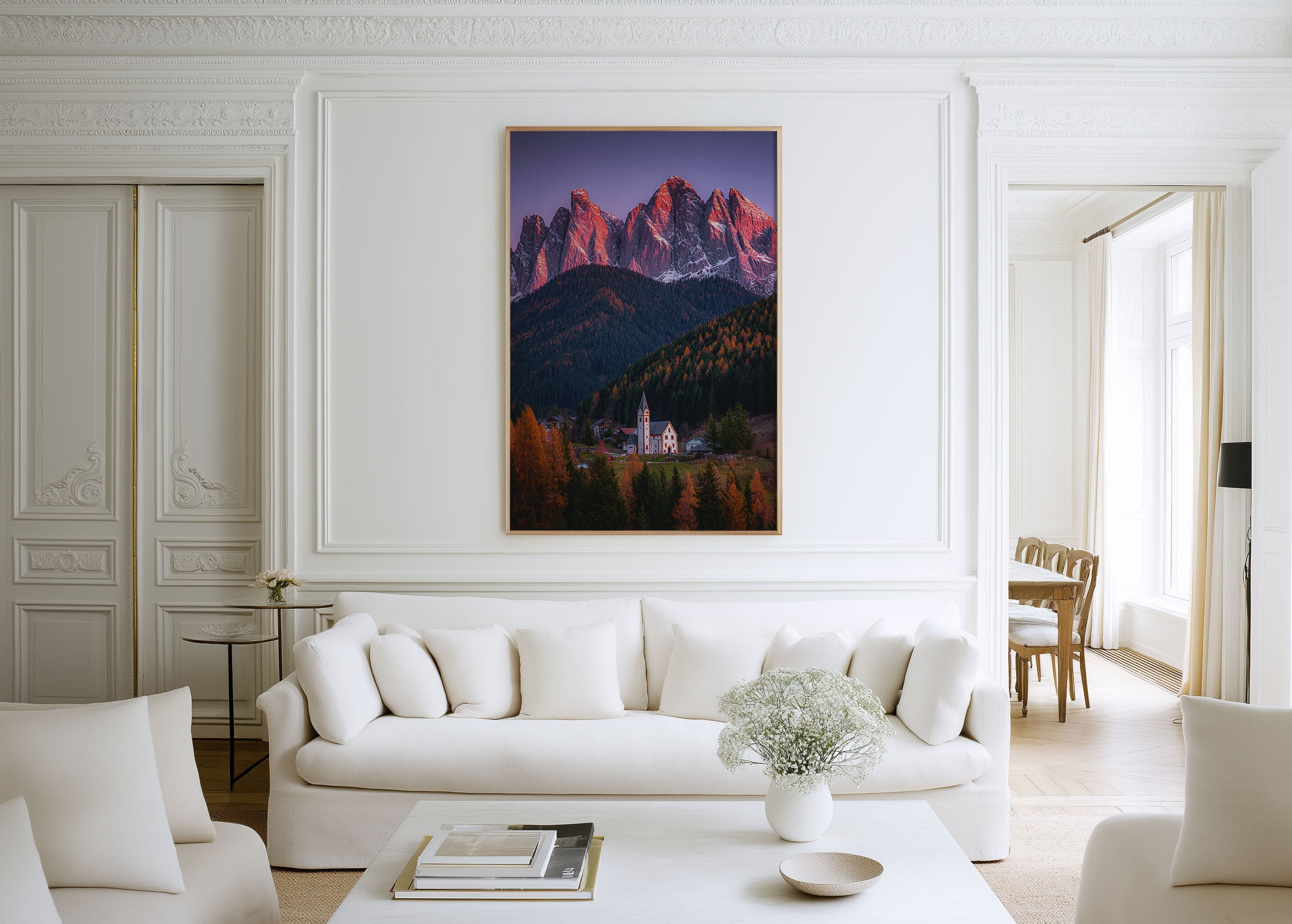 Dolomites Alpenglow Church Wall Art Print | Val di Funes Italy Autumn Photography | Santa Maddalena Mountain Poster