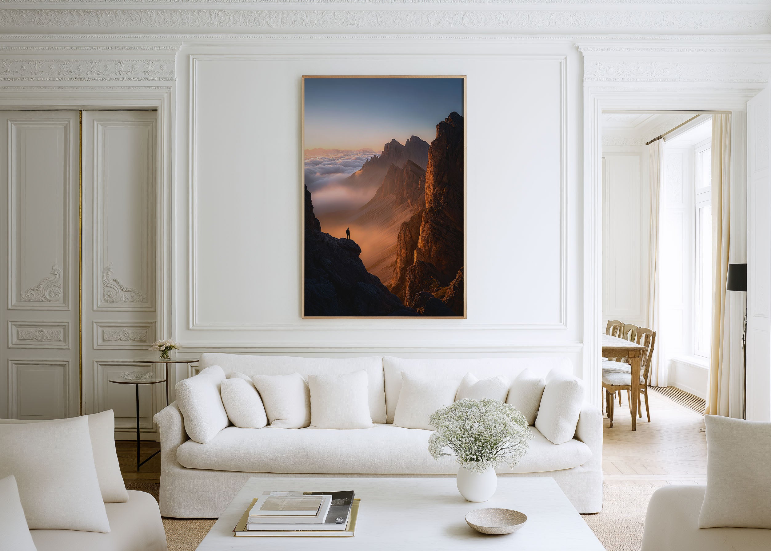 Dolomites Hiker Above Clouds Sunset Wall Art Print | Italy Mountain Silhouette Photography | Sea of Clouds Golden Hour Poster