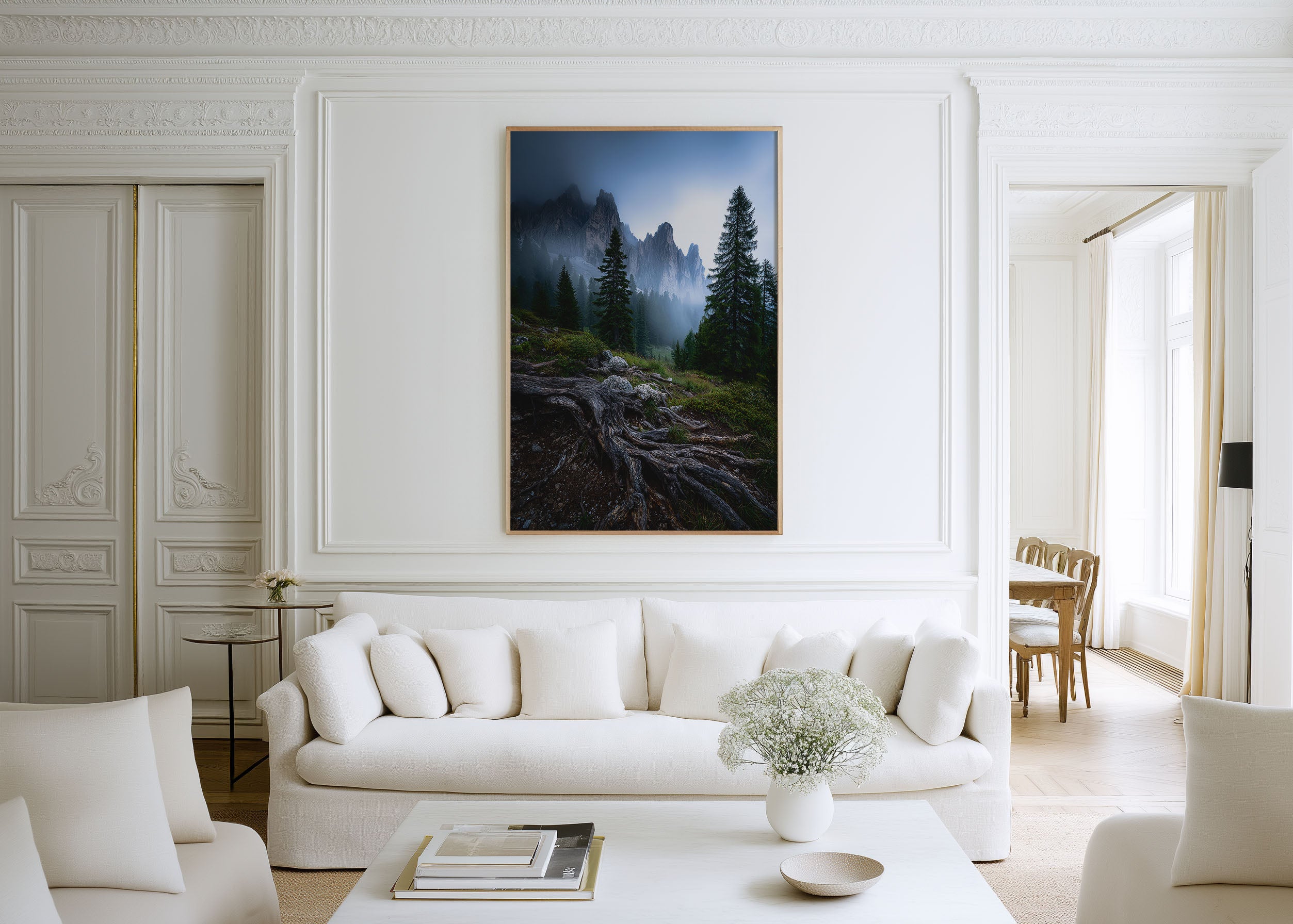 Dolomites Misty Forest Roots Wall Art Print | Italy Mountain Fog Photography | Moody Pine Tree Rock Spire Poster
