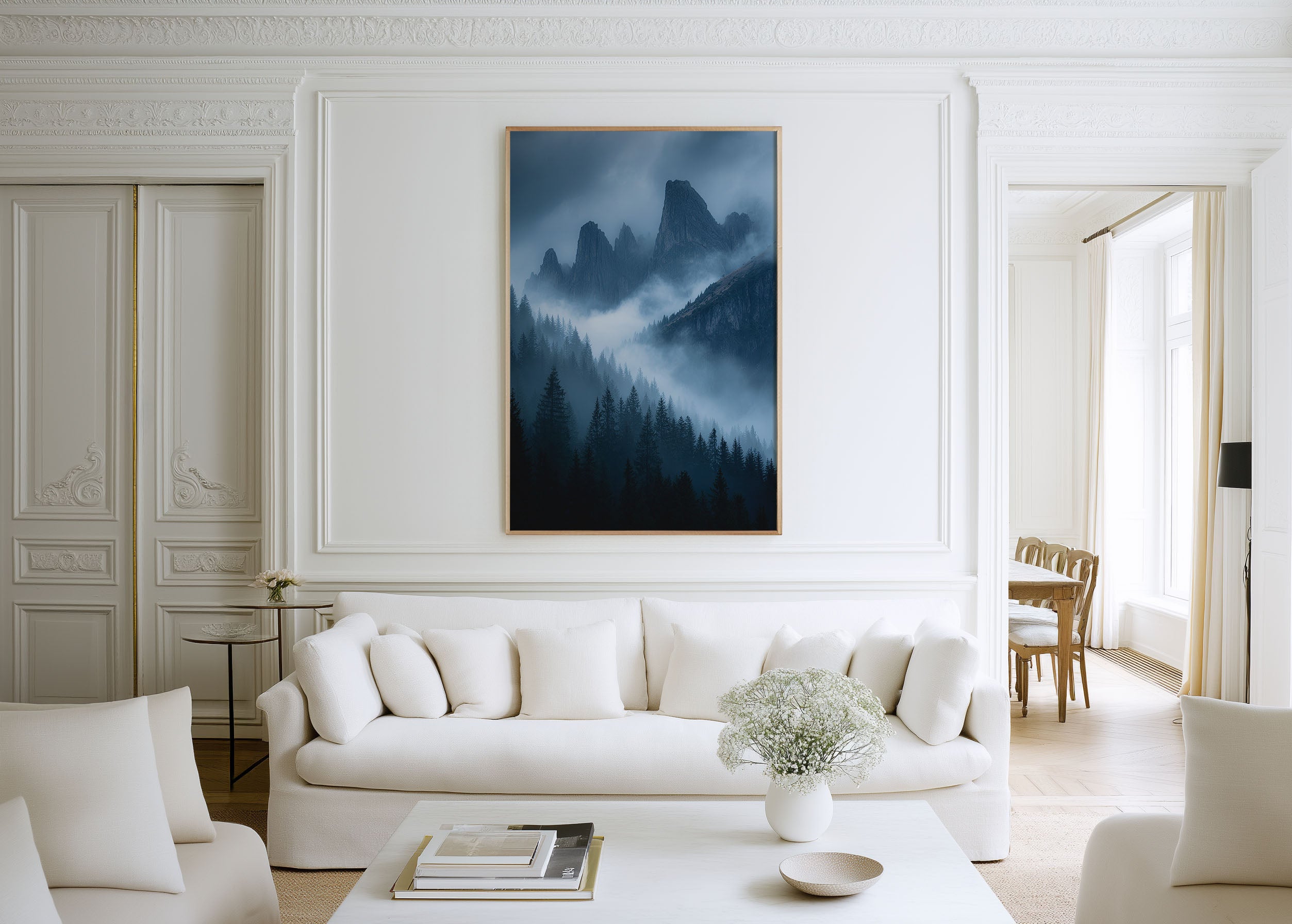 Dolomites Moody Blue Fog Forest Wall Art Print | Italy Misty Mountain Photography | Dark Pine Tree Storm Cloud Poster