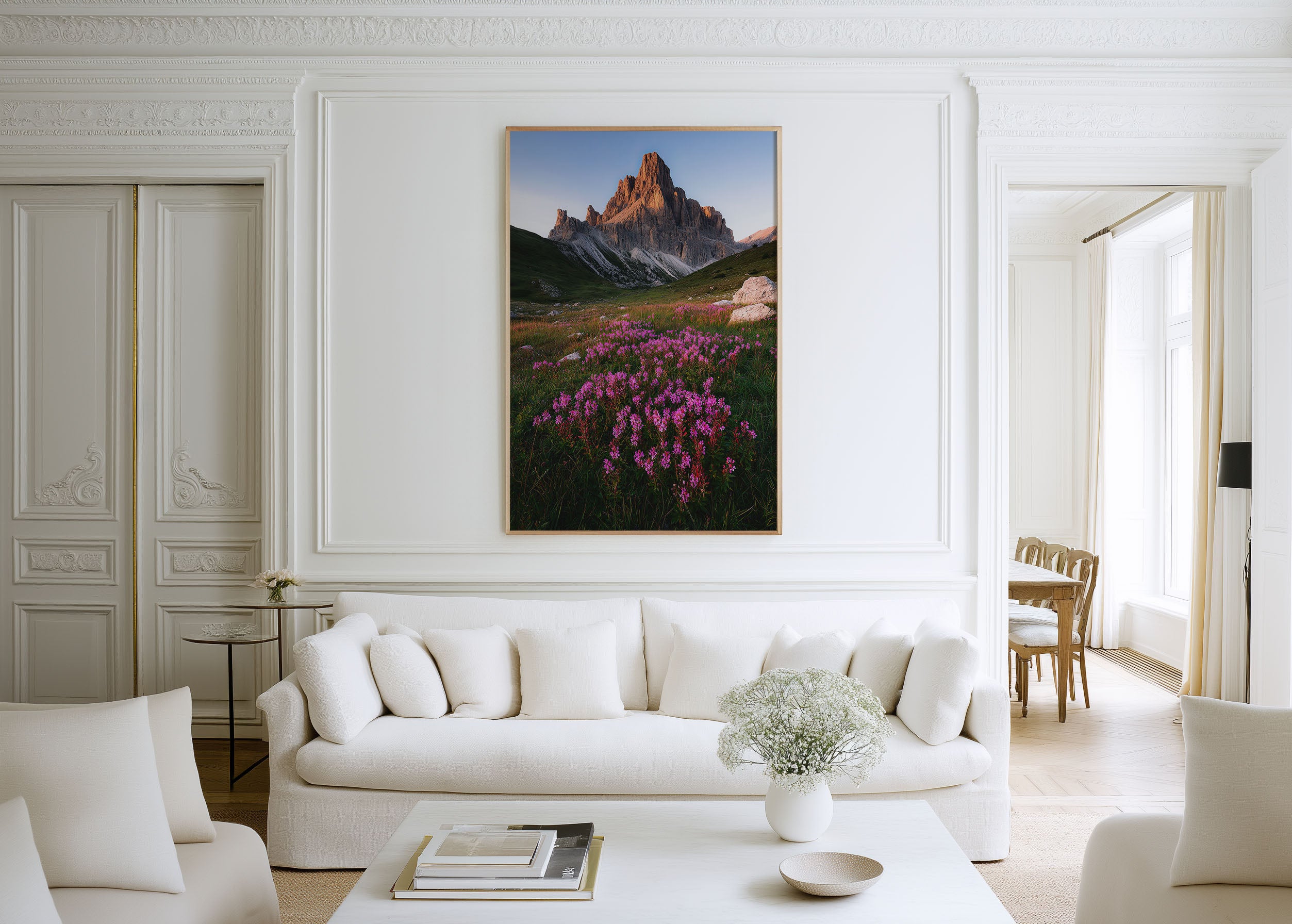 Dolomites Pink Wildflower Sunrise Wall Art Print | Passo di Giau Italy Photography | Alpine Meadow Alpenglow Mountain Poster