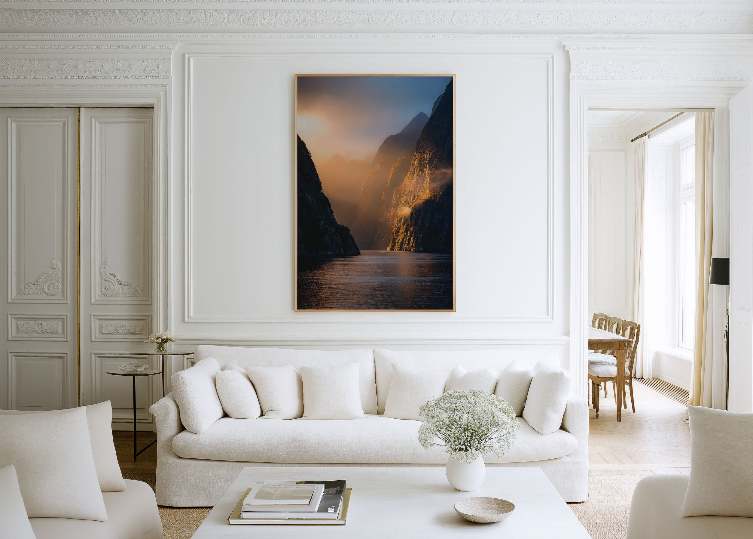 Doubtful Sound Sunrise Wall Art | Fiordland New Zealand Golden Mist Fjord Landscape Print | NZ Travel Photography