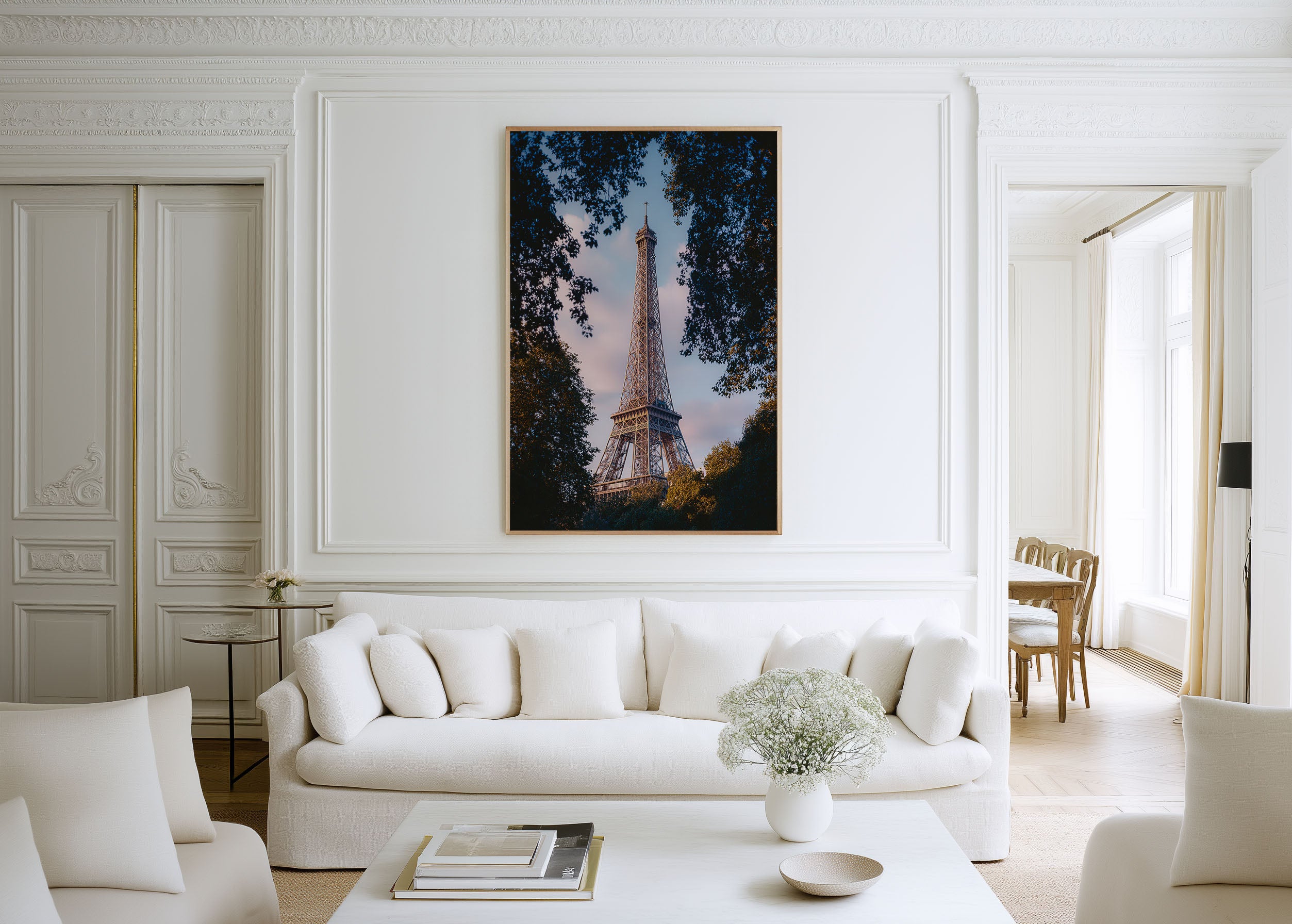 Eiffel Tower Through Trees Wall Art Print | Paris France Champ de Mars Dusk Photography | French Travel Poster | Romantic Parisian Home Decor