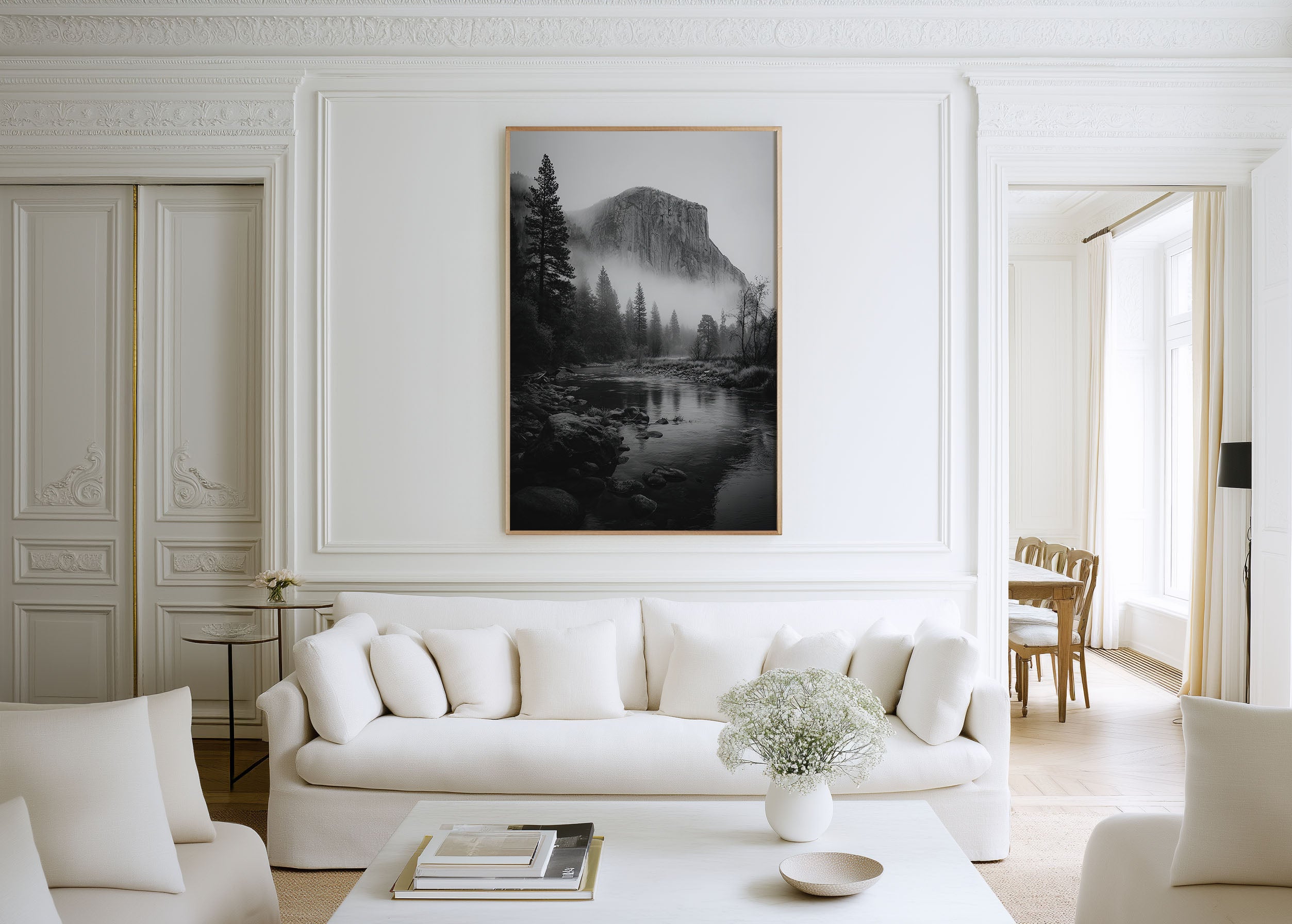 Yosemite El Capitan Mist Wall Art Print | Black & White Merced River Photography | Moody Forest Landscape Poster | California Nature Print | Minimalist Home Decor